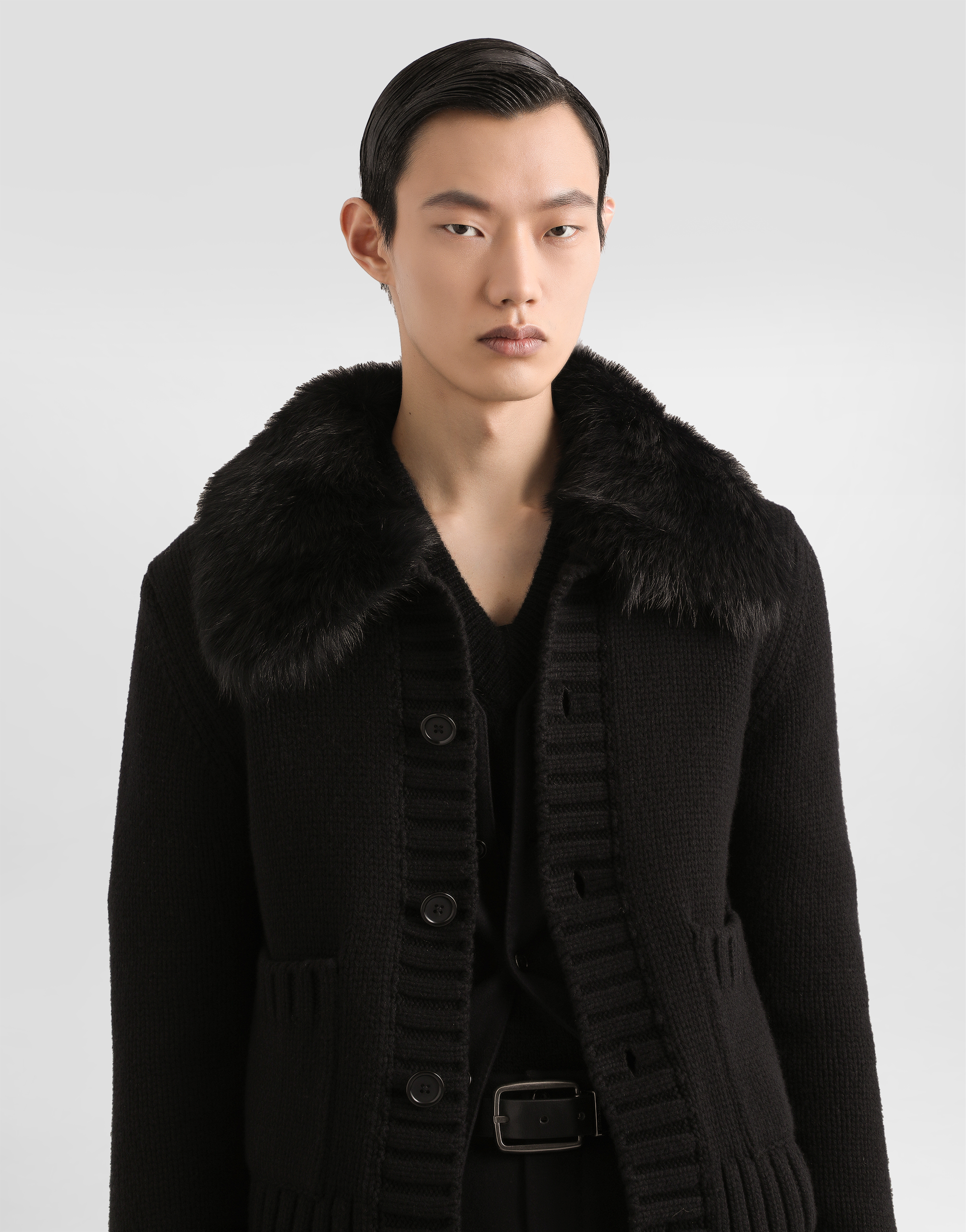 Dolce & Gabbana Wool Jacket With Fur-effect Collar In Black