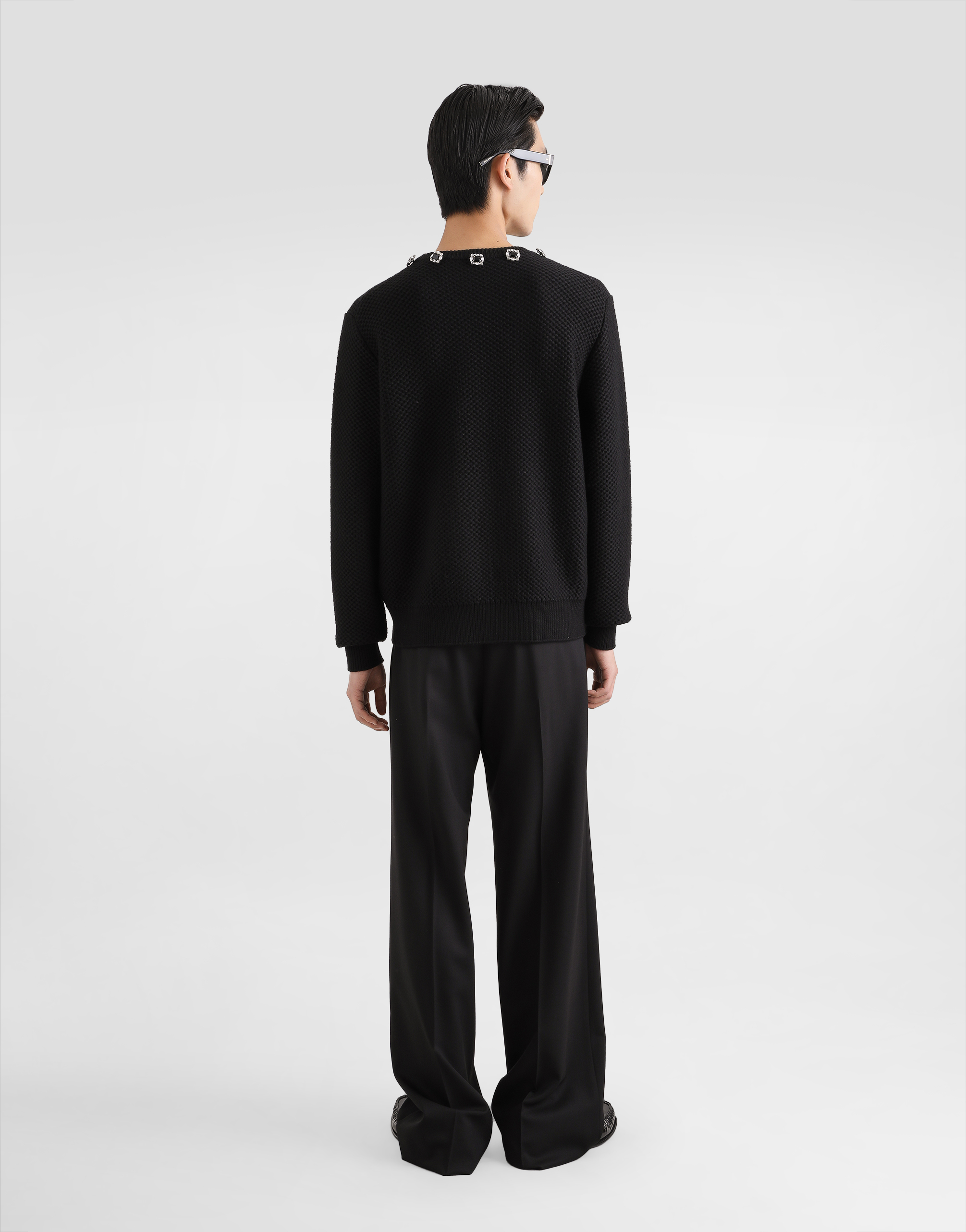 Dolce & Gabbana Wool Round-neck Sweater With Embroidery And Bejeweled Buttons In Black