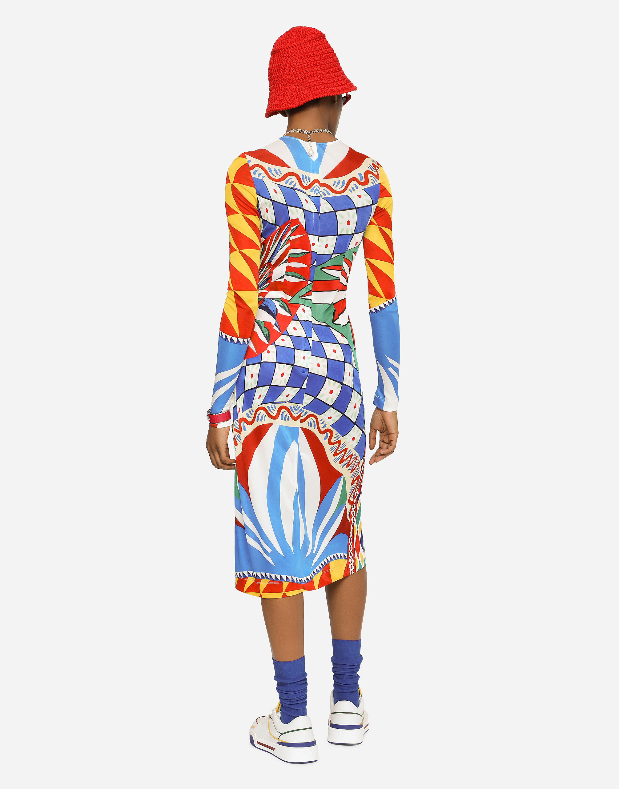 DOLCE & GABBANA CARRETTO-PRINT ORGANZINE MIDI DRESS