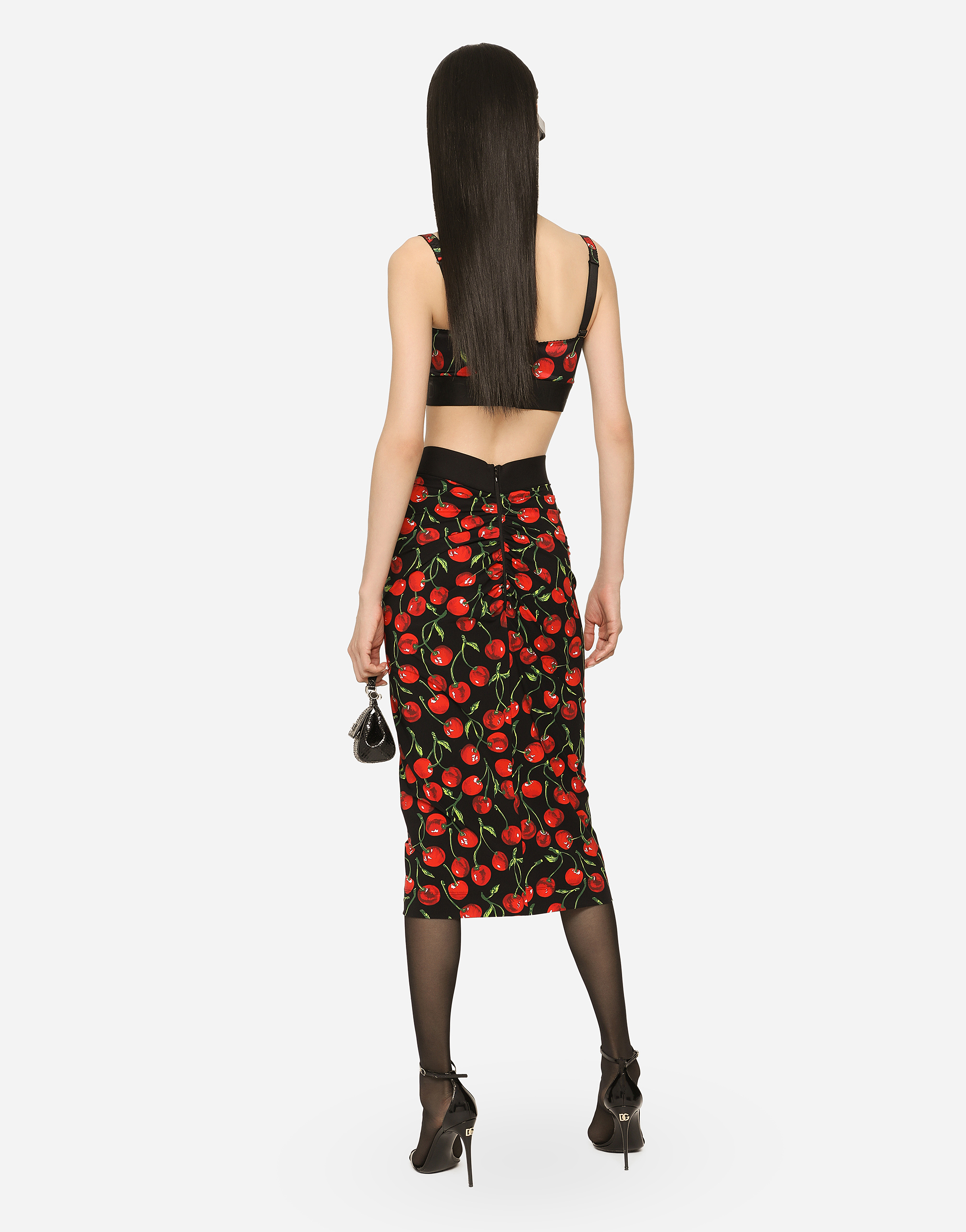 Shop Dolce & Gabbana Technical Jersey Calf-length Skirt With Elasticated Band With Logo And Cherry Print In Multicolor