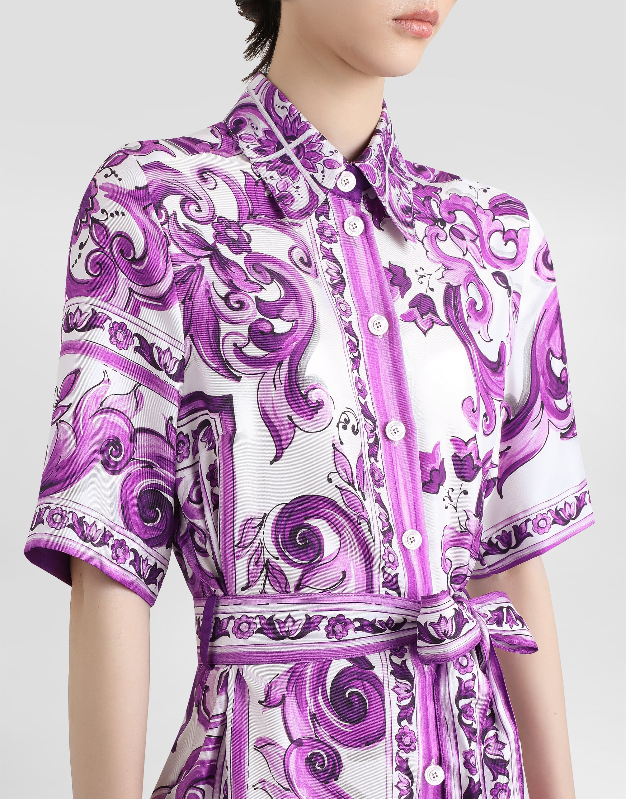Dolce & Gabbana Collar Dress With Waist Knot And Majolica Print In Purple