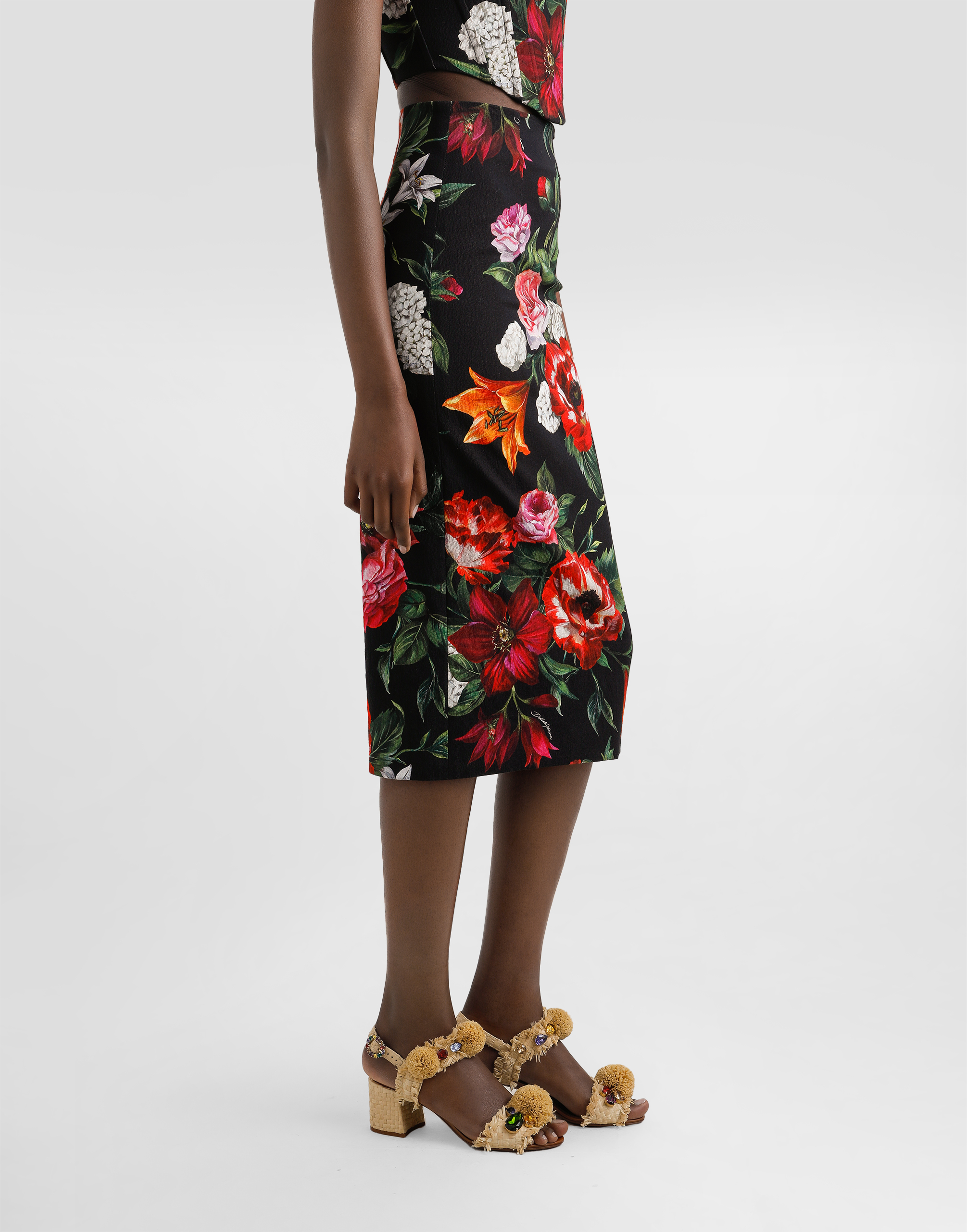 Dolce & Gabbana Floral-printed Cotton Poplin Midi Pencil Skirt In Multi