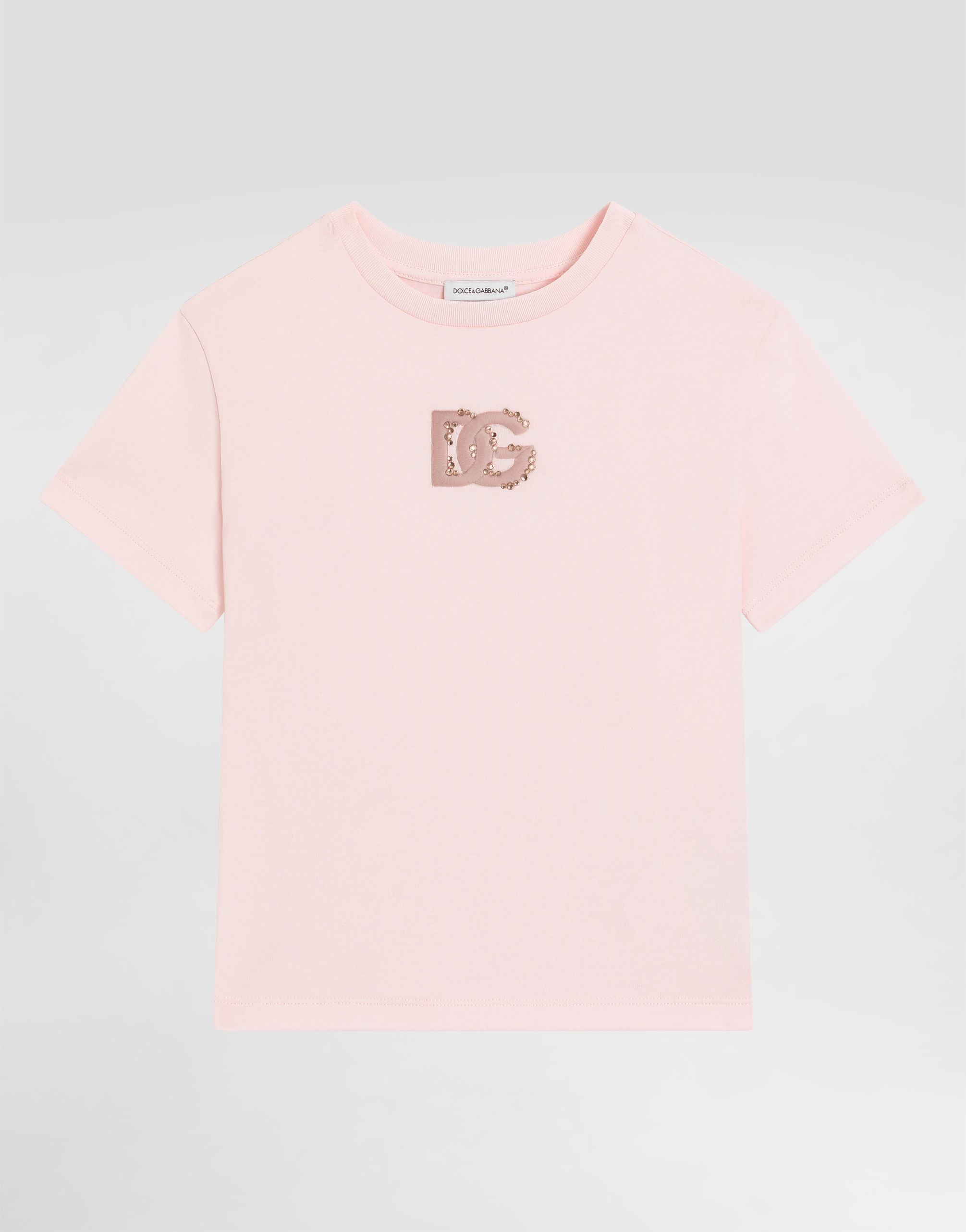 DOLCE&GABBANA D&G ロゴ 半袖 Tシャツ ホワイト ピンク XS Jersey t-shirt with DG embroidery and rhinestones in Pink for