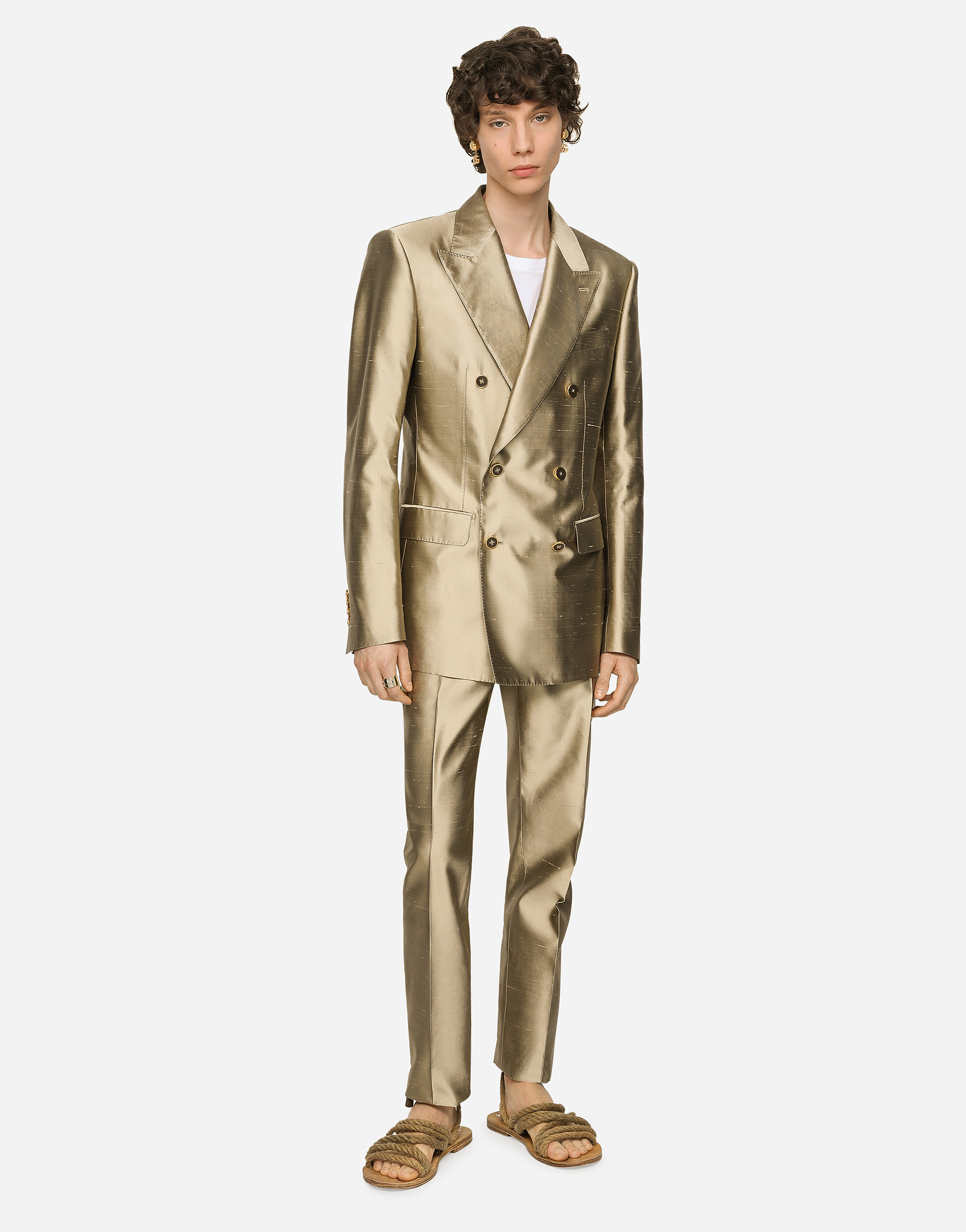 Shop Dolce & Gabbana Shantung Silk Double-breasted Sicilia-fit Suit In Beige