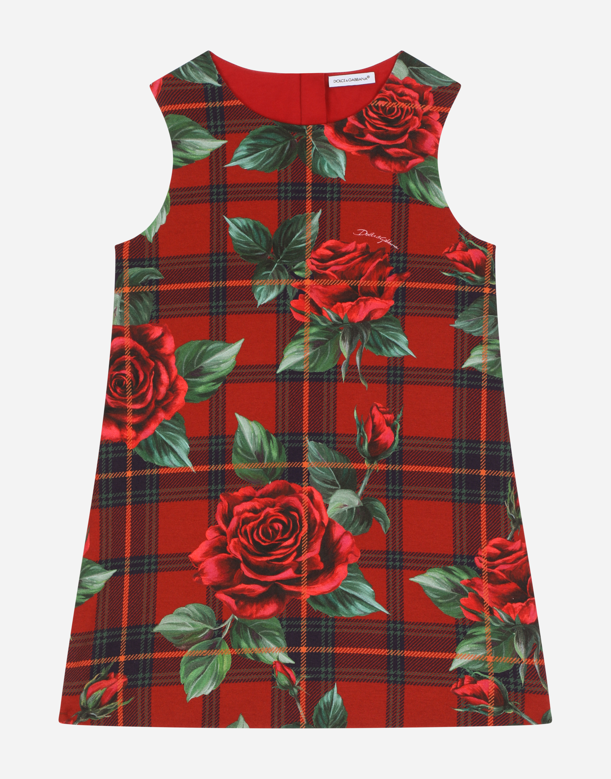 DOLCE & GABBANA SLEEVELESS DRESS WITH TARTAN AND ROSE PRINT