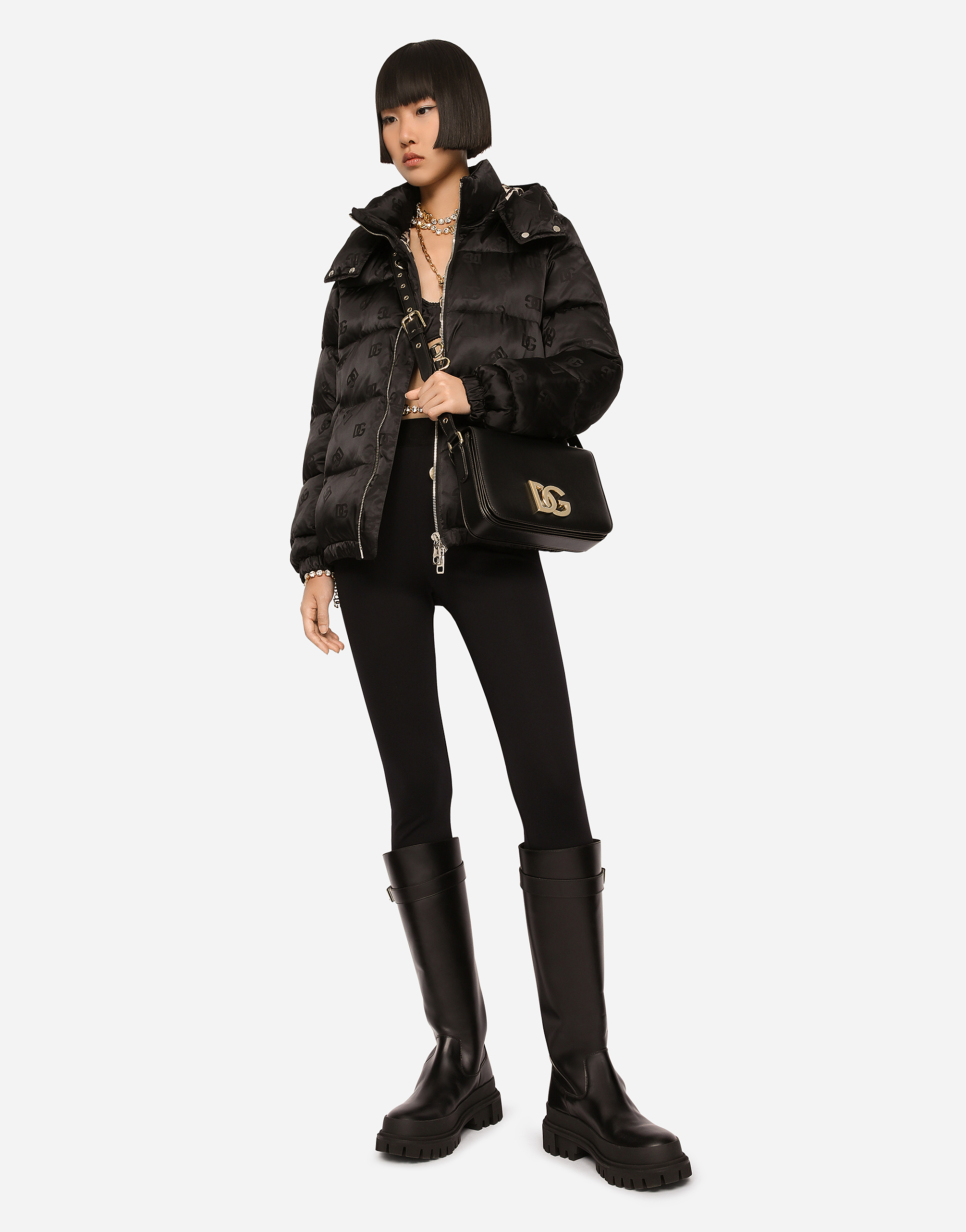 Dolce & Gabbana Satin Jacquard Down Jacket With All-over Dg Logo In Black