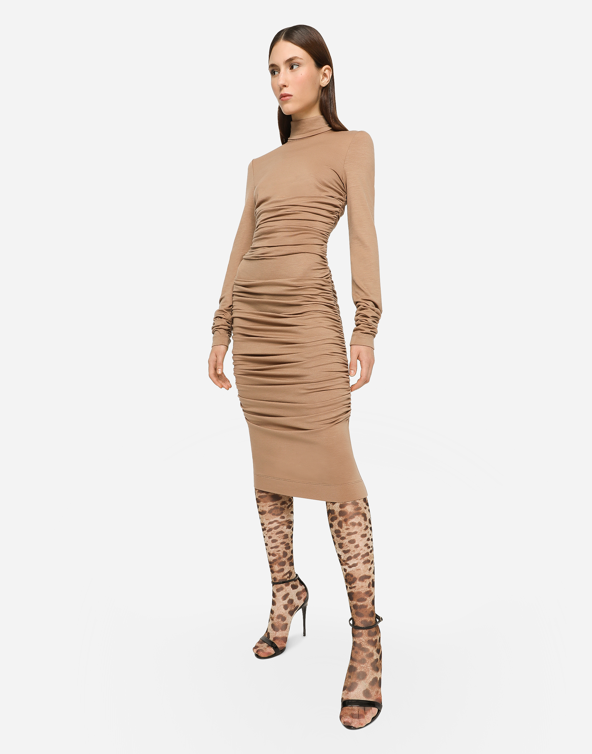 Shop Dolce & Gabbana High-necked Jersey Wool Calf-length Dress In Beige