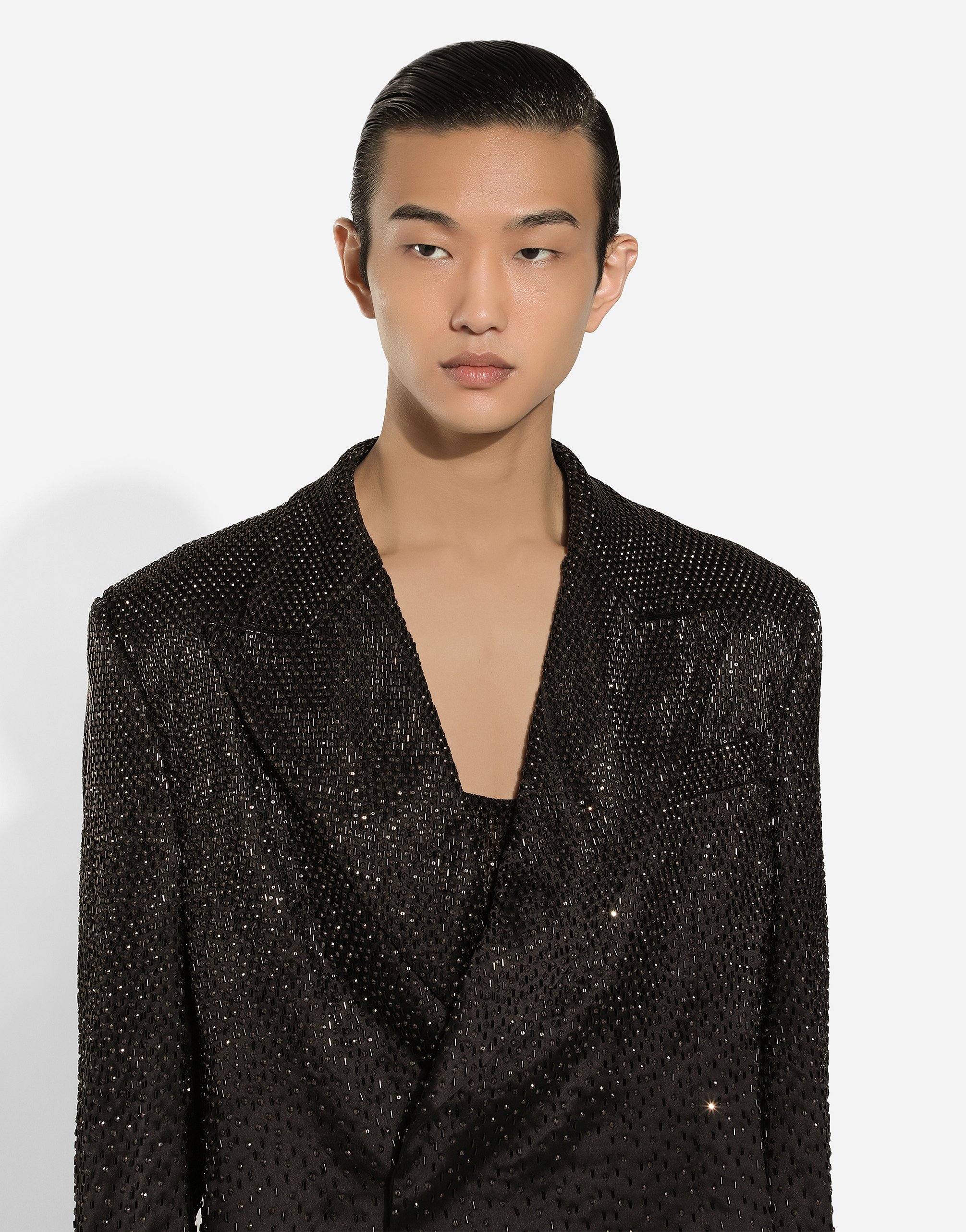 Double-breasted Sicilia-fit jacket in embroidered satin