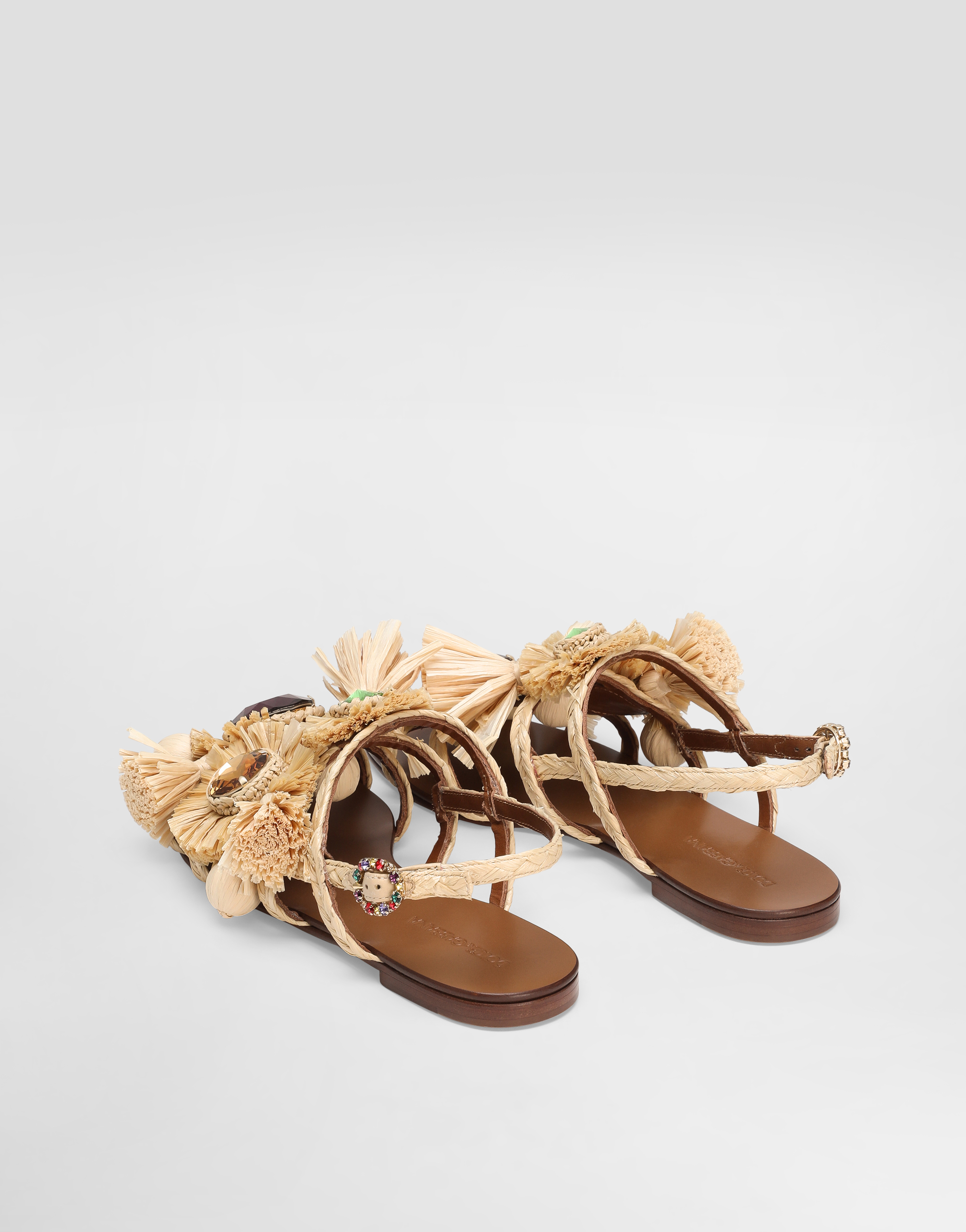 Dolce & Gabbana Embellished Raffia Flat Sandals In Multi
