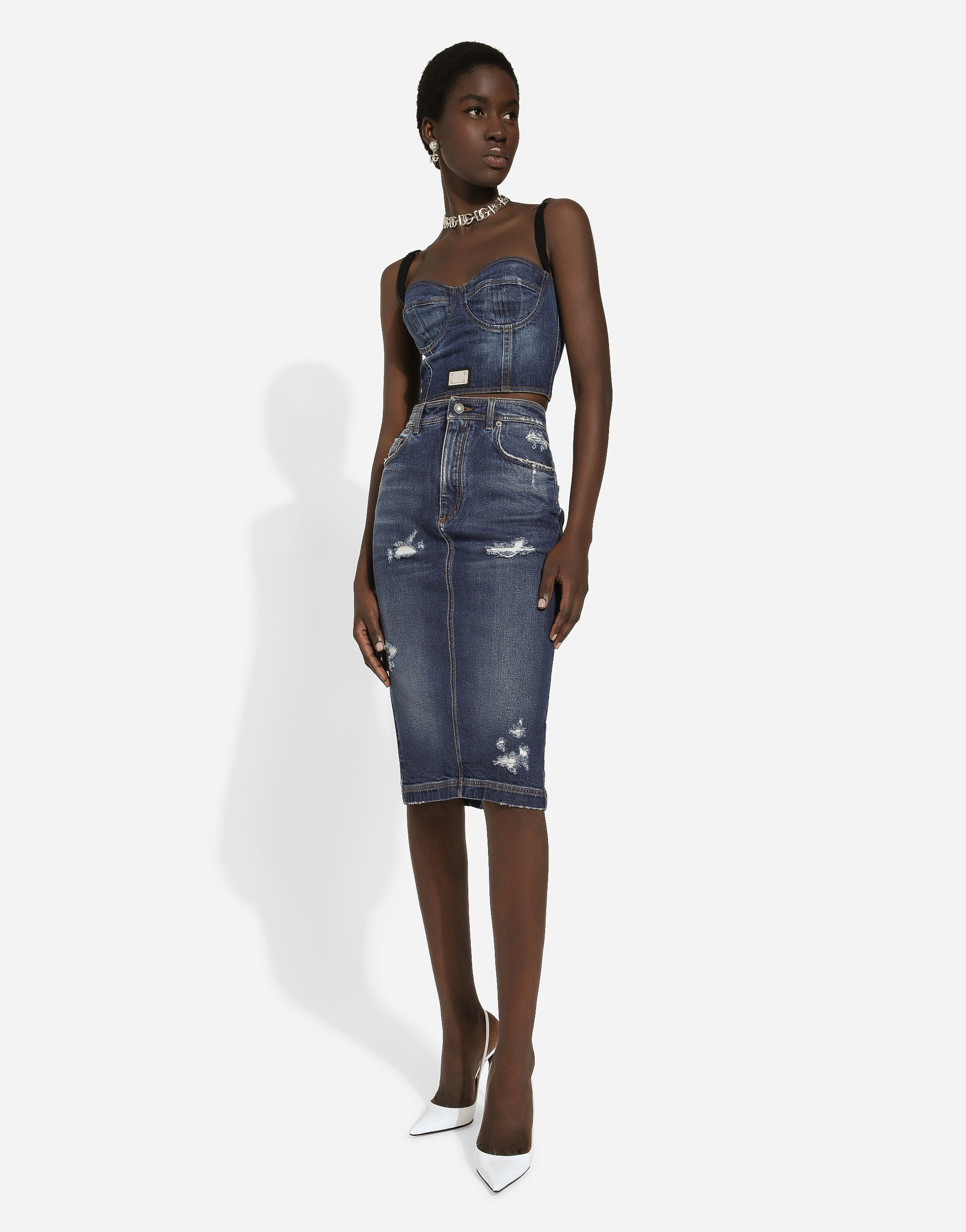 Shop Dolce & Gabbana Denim Corset Top With Logo Tag In Blue