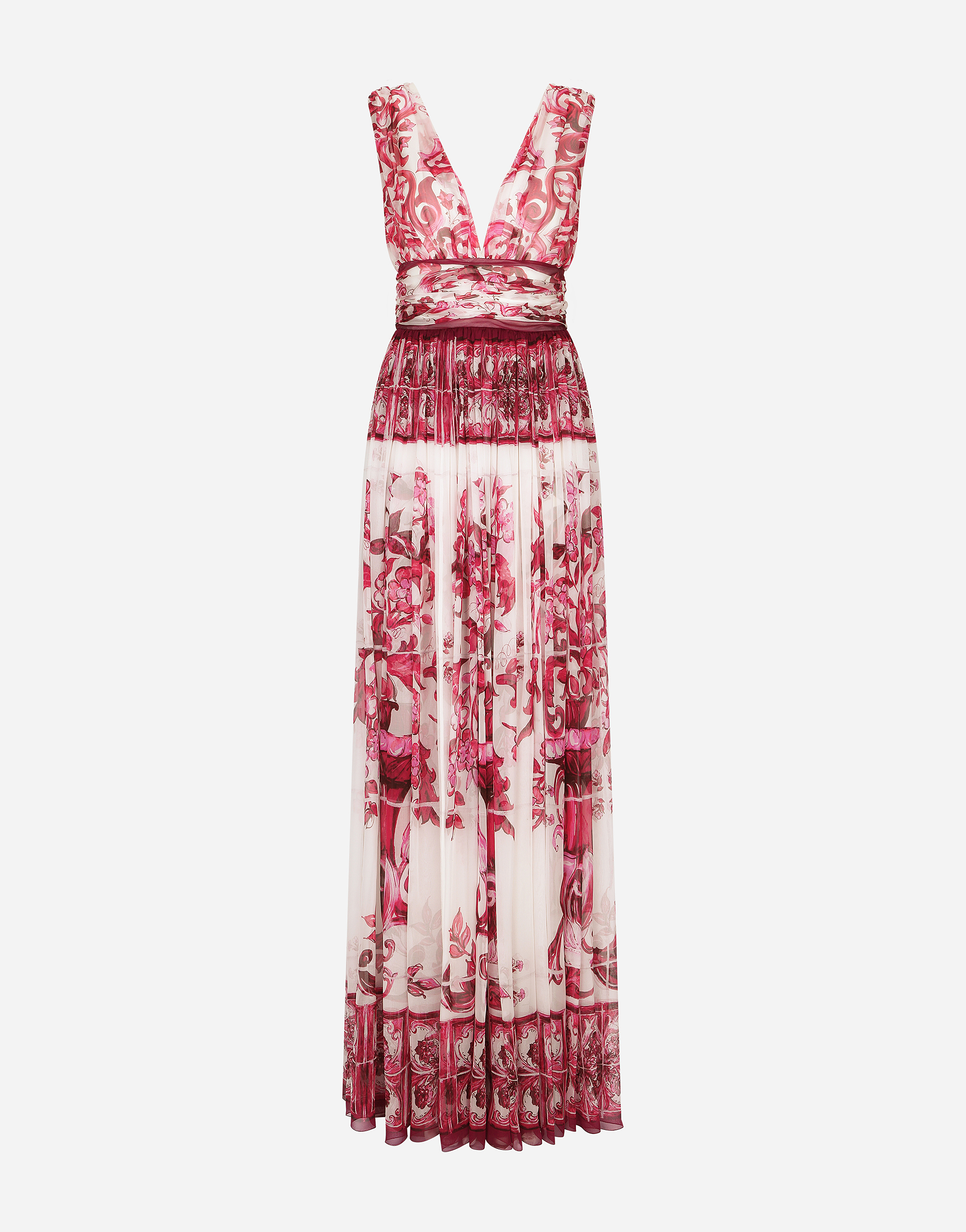 DOLCE & GABBANA LONG MAJOLICA-PRINT CHIFFON DRESS