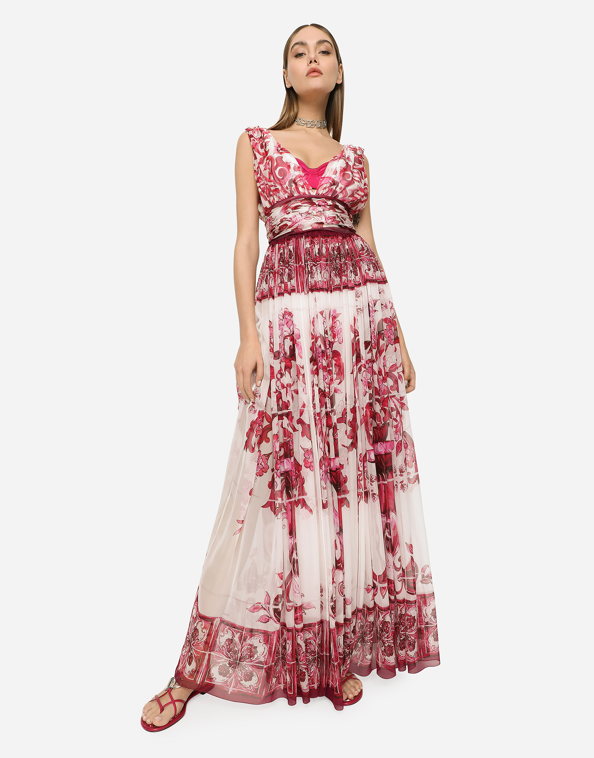 DOLCE & GABBANA LONG MAJOLICA-PRINT CHIFFON DRESS