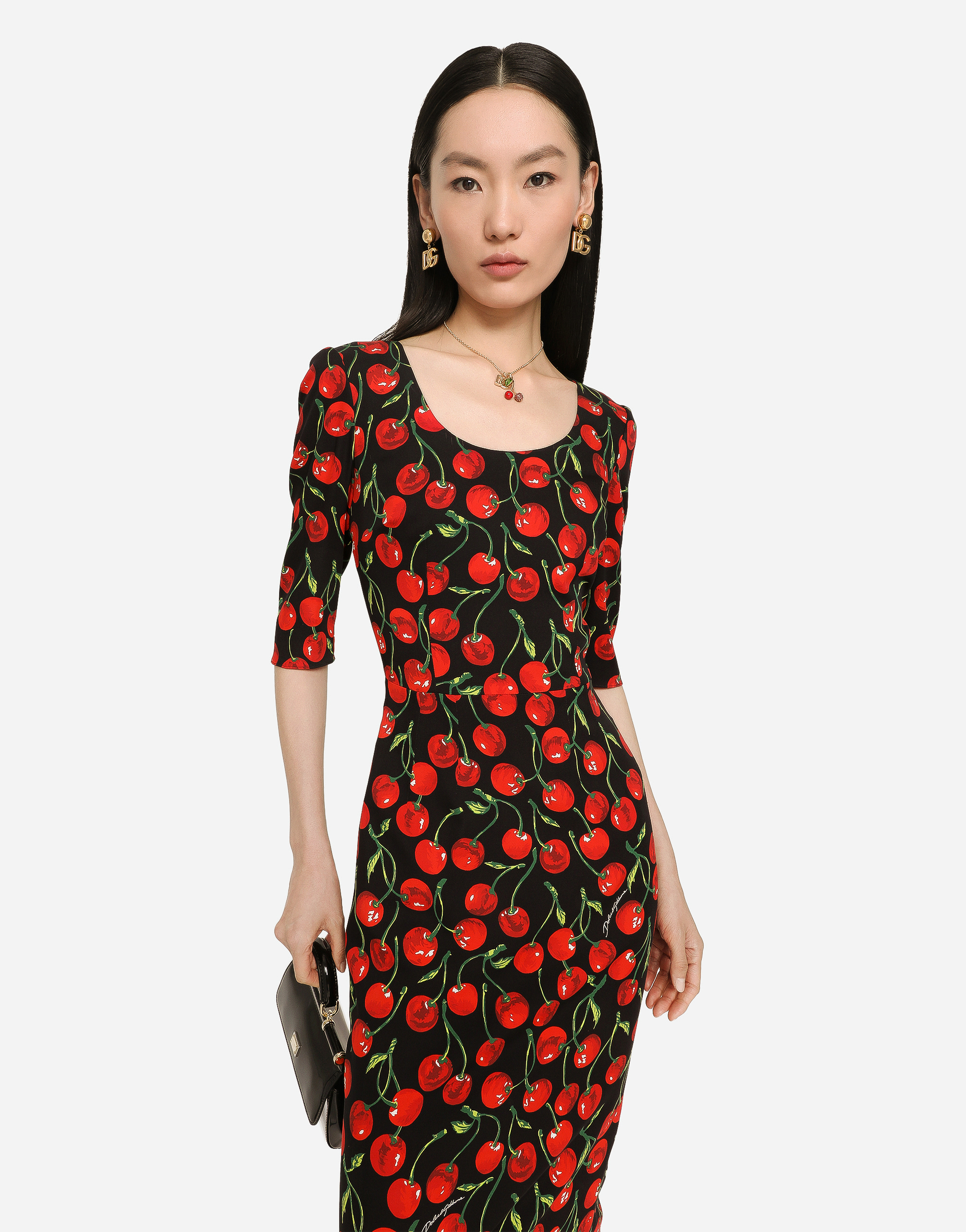 DOLCE & GABBANA CHERRY-PRINT CHARMEUSE CALF-LENGTH DRESS