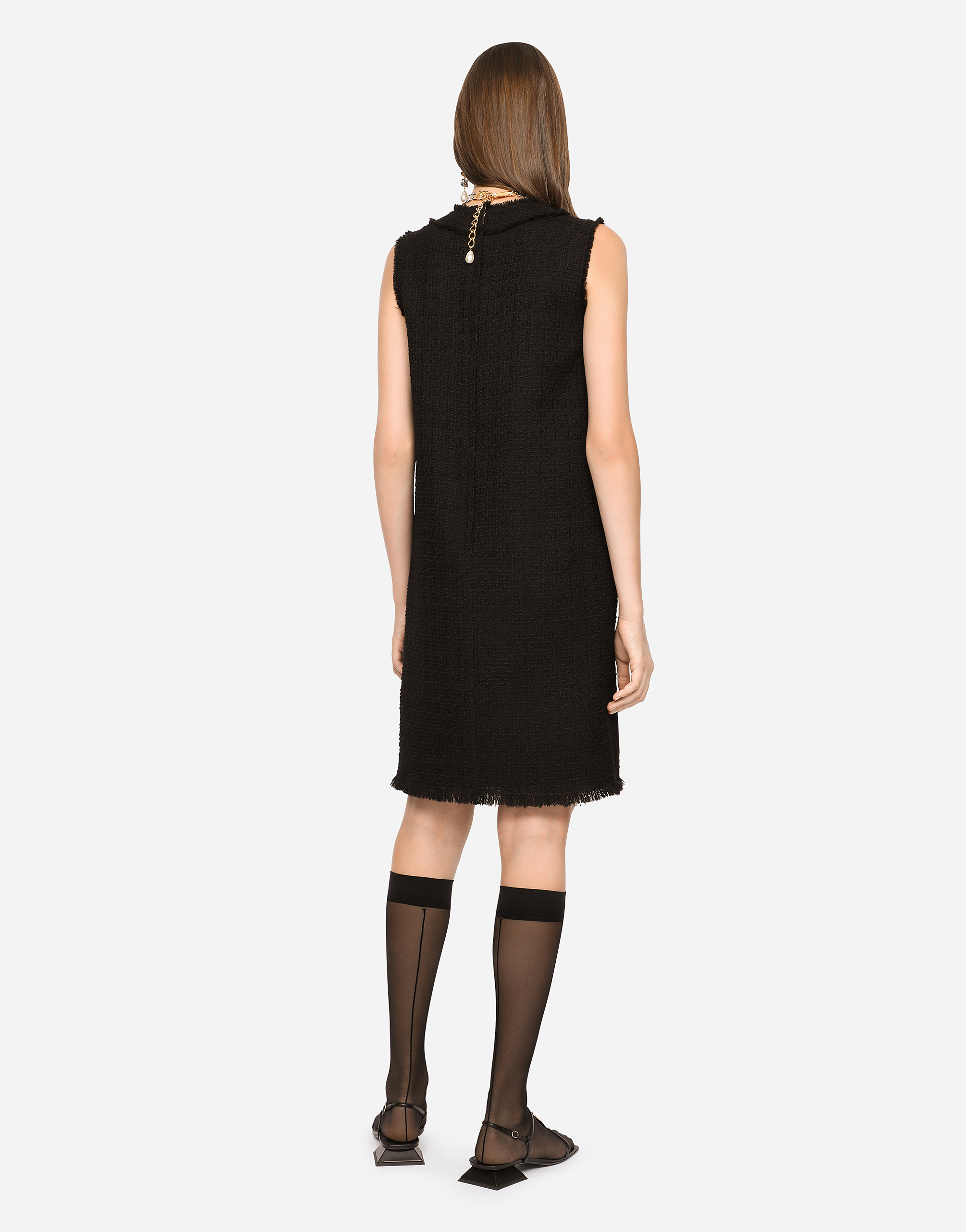 Shop Dolce & Gabbana Raschel Tweed Calf-length Dress With Dg Logo In Black