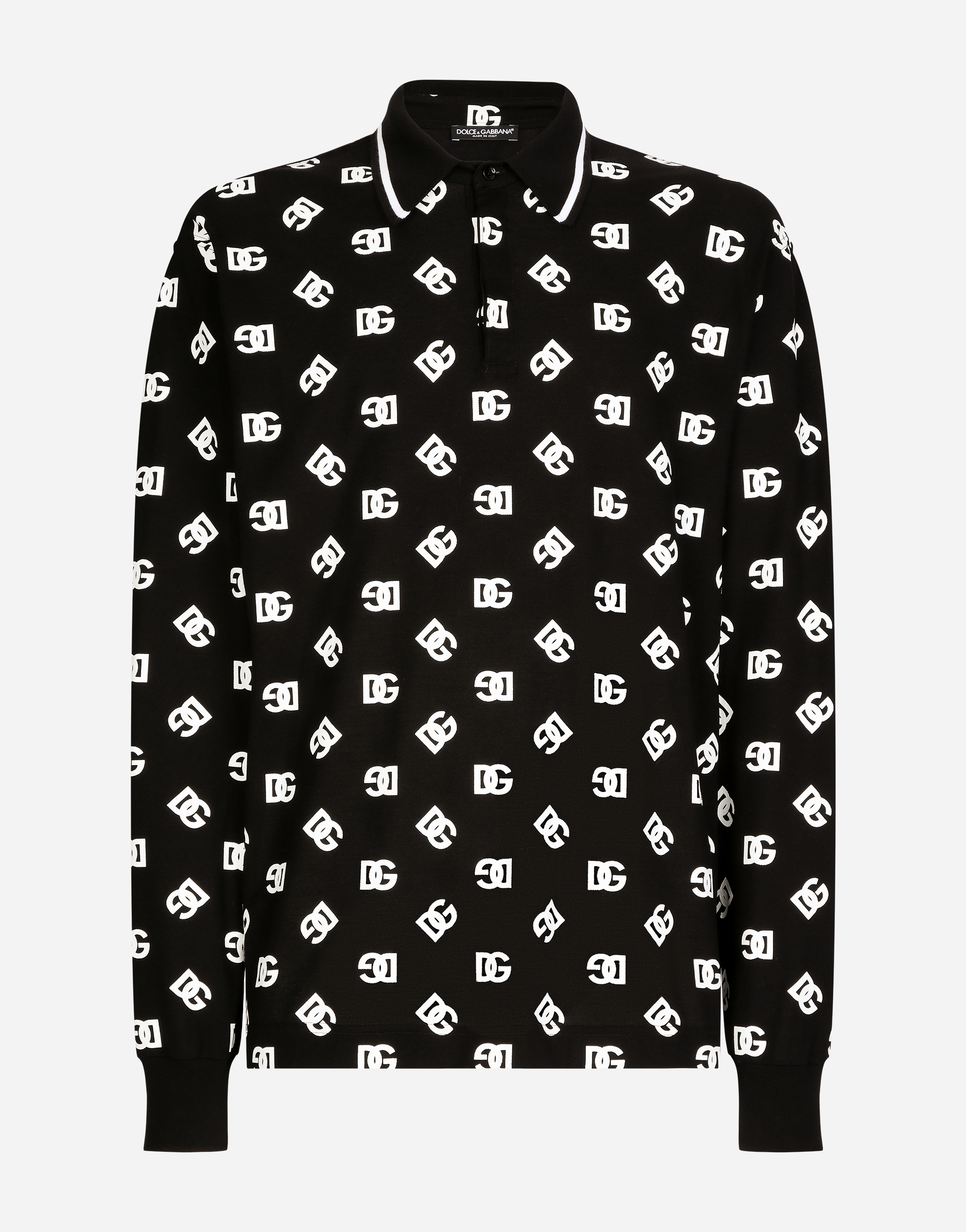 Dolce & Gabbana Long-sleeved Cotton Polo-shirt With Dg Monogram In Black