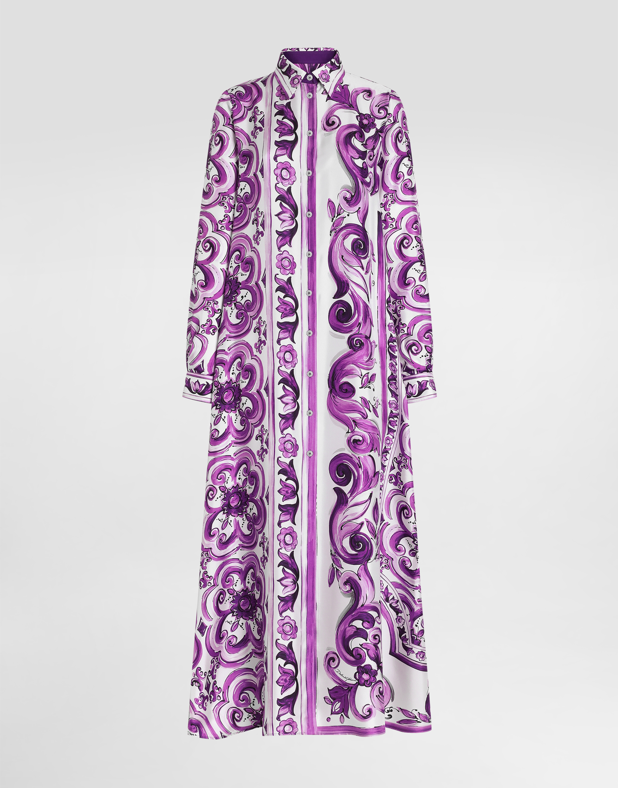 Dolce & Gabbana Dolce&gabbana Majolica Print Long Sleeve Silk Shirtdress In Purple