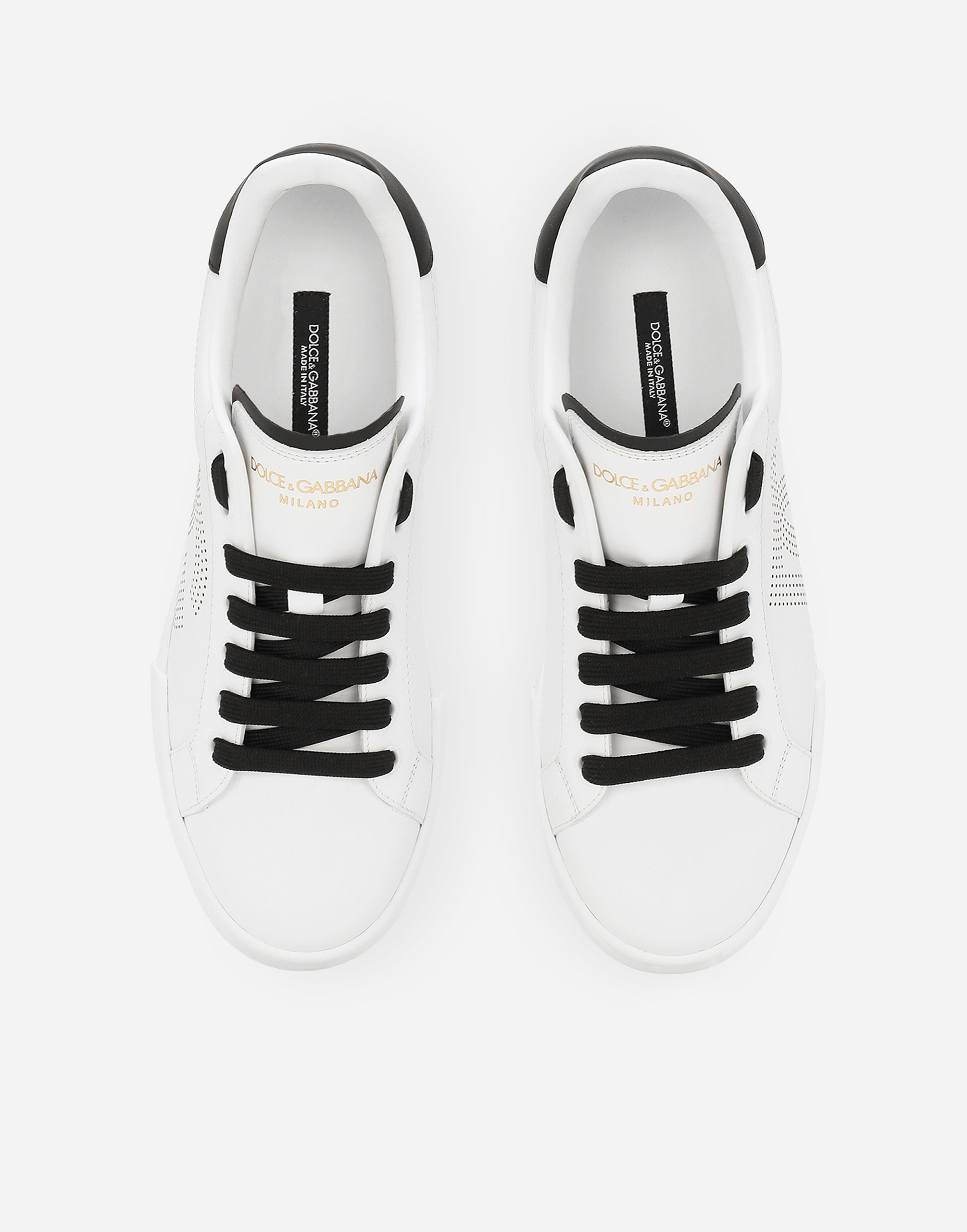 Dolce & Gabbana 'portofino Light' White Sneakers With Perforated Logo On The Side And Logo Patch On The Tongue In Bianco/nero