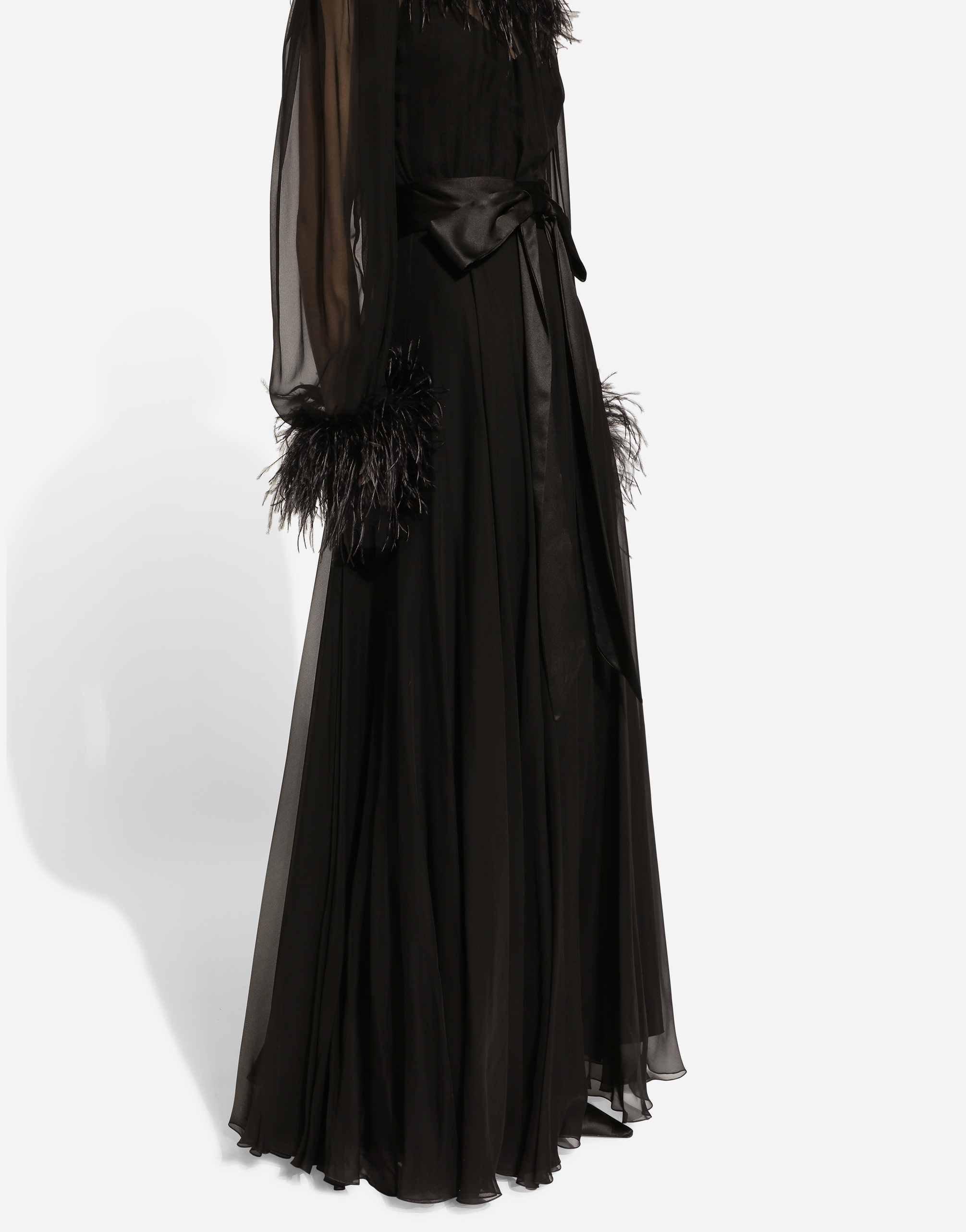 Long silk chiffon dress with ostrich feather details