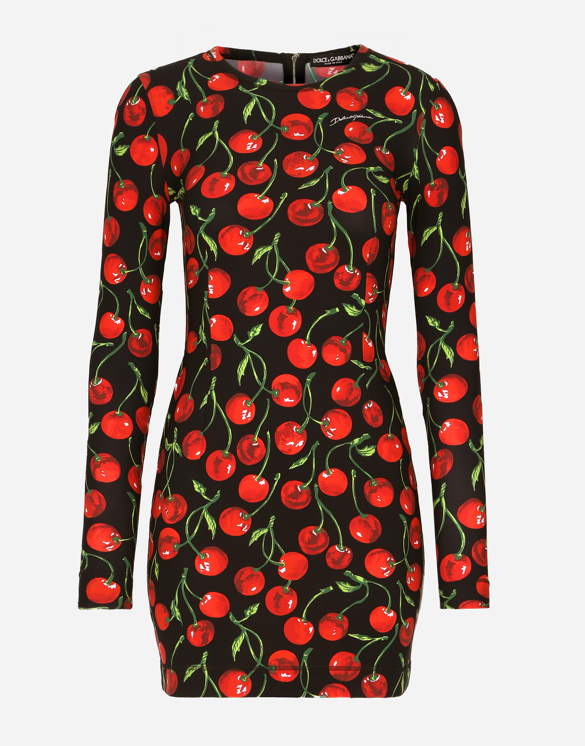 Shop Dolce & Gabbana Short Long-sleeved Jersey Dress With Cherry Print In Multicolor