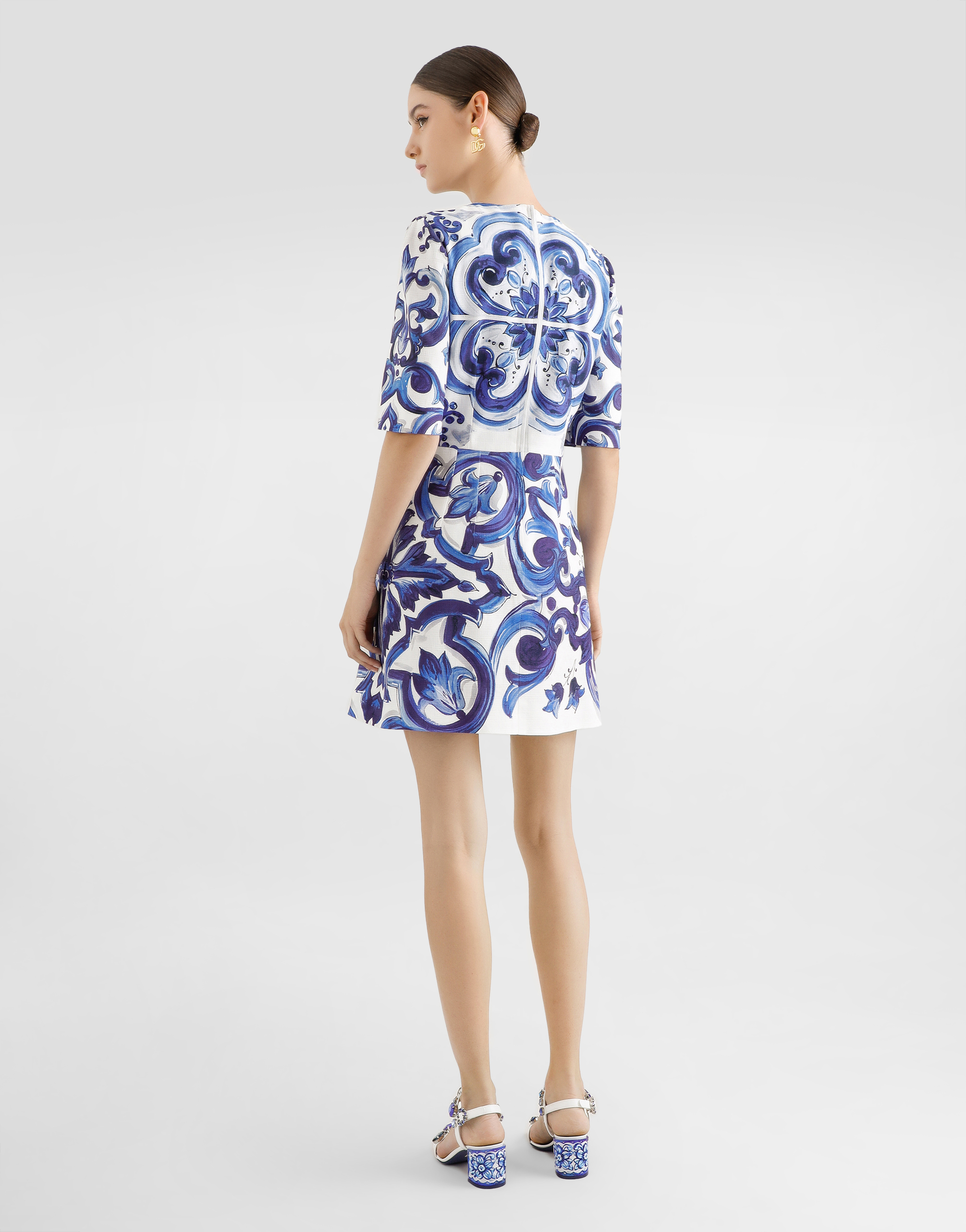 Majolica-print short cotton dress