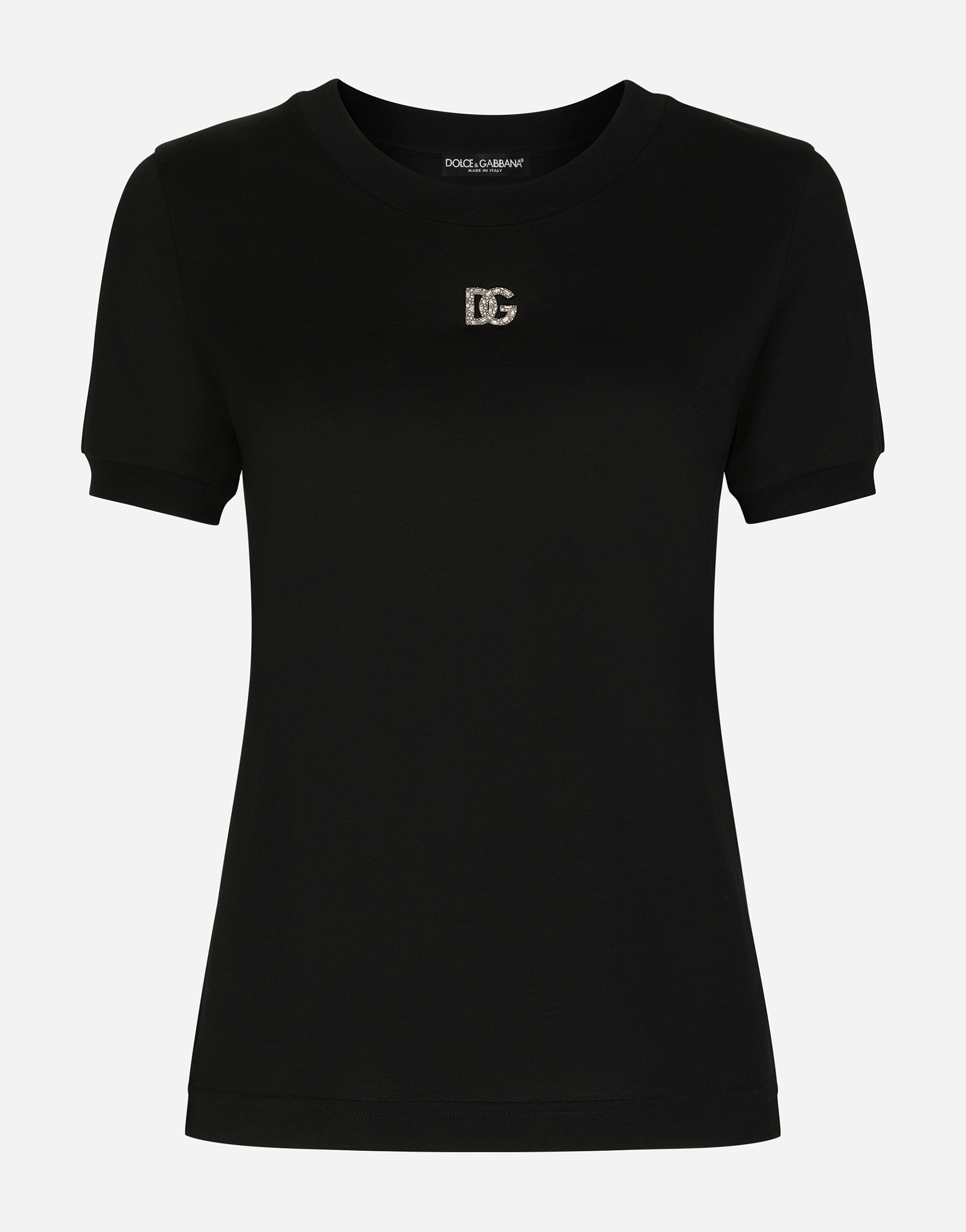 Dolce & Gabbana Black T-shirt With Logo Decorated With Crystals On The Front In Cotton Woman In Black