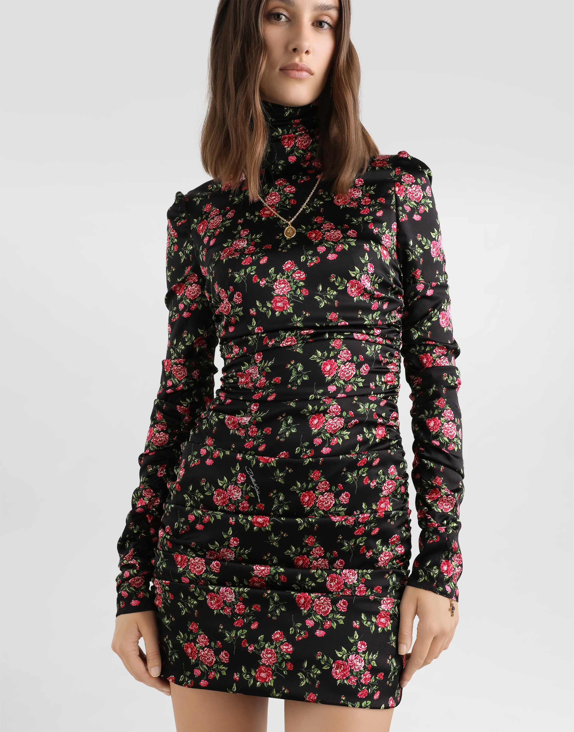Dolce & Gabbana Black Dress With Floral Print And Side Draping In Silk Woman In Multi
