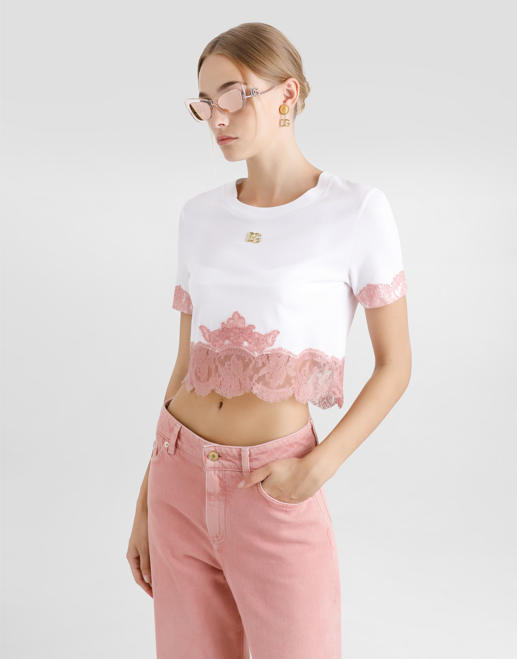 Dolce & Gabbana Cropped Jersey T-shirt With Dg Logo And Lace Inserts