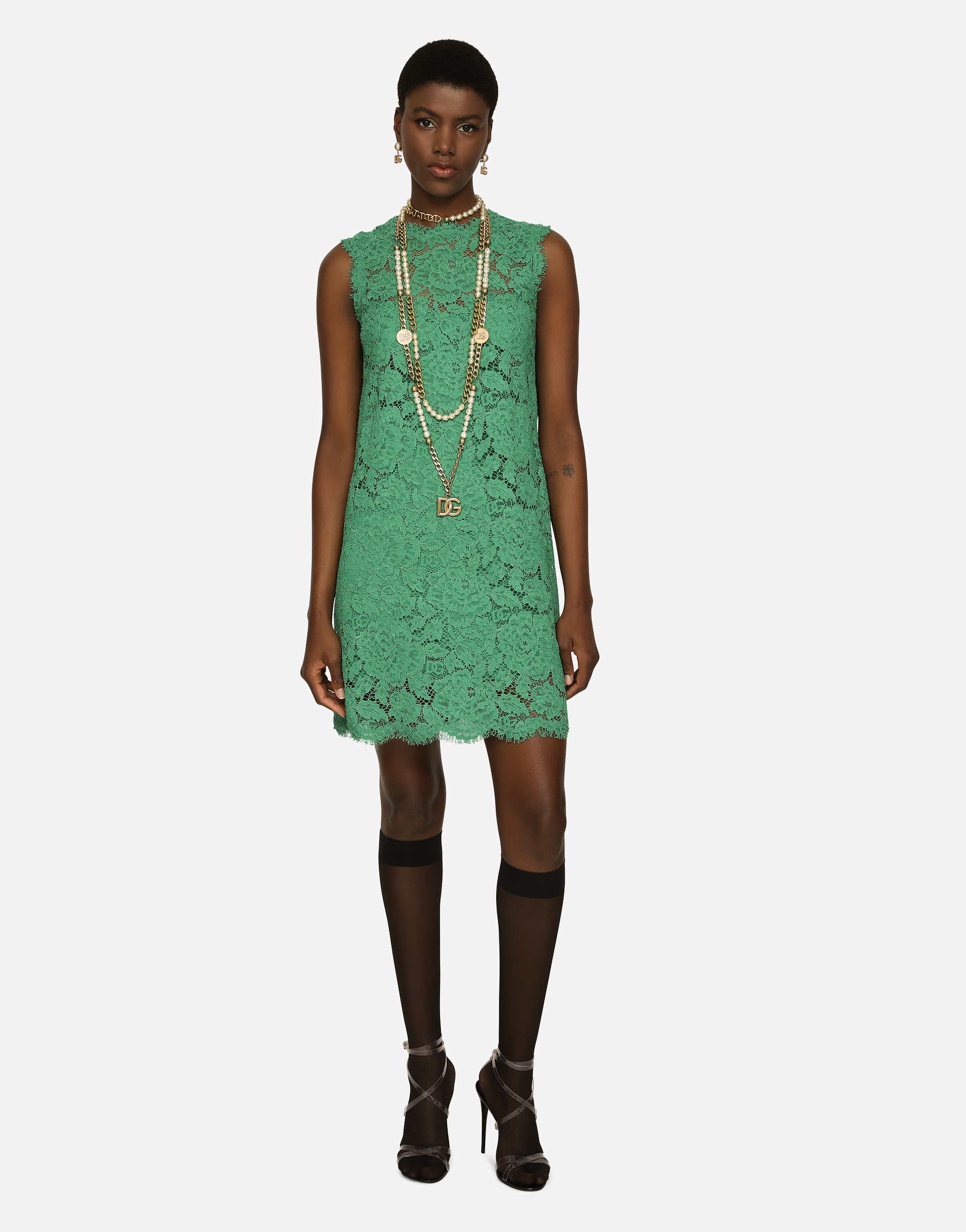 DOLCE & GABBANA A-LINE DRESS IN BRANDED STRETCH LACE