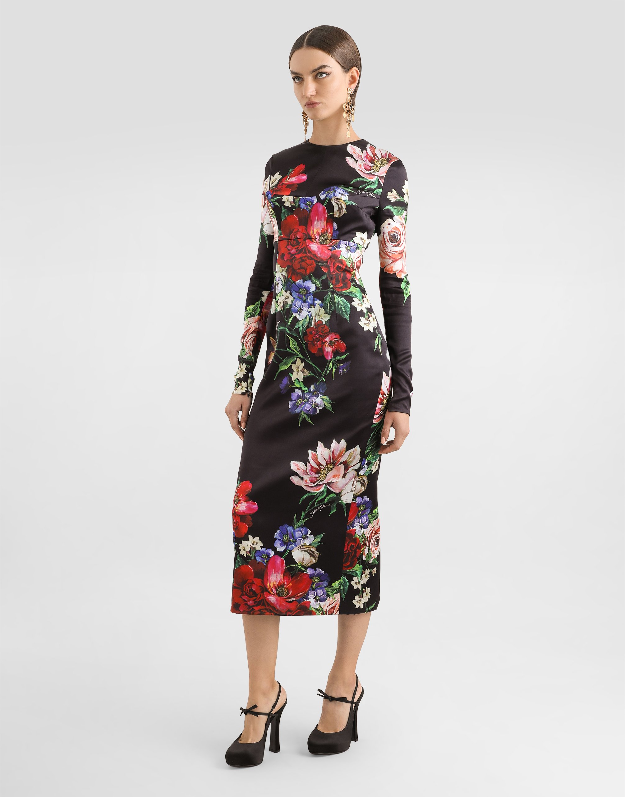 Dolce & Gabbana Satin Calf-length Round-neck Dress With Floral Print In Print