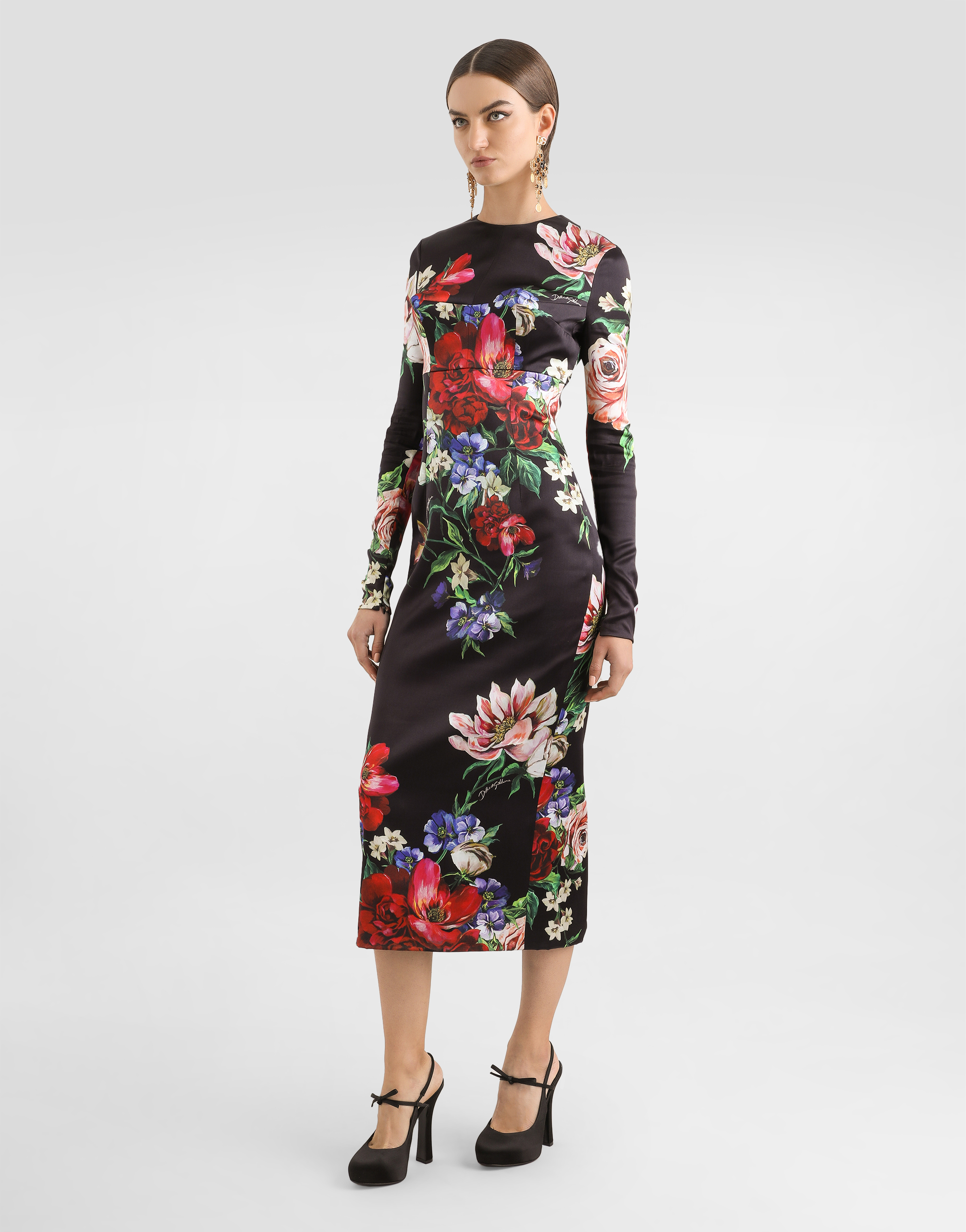 Dolce & Gabbana Satin Calf-length Round-neck Dress With Floral Print In Print