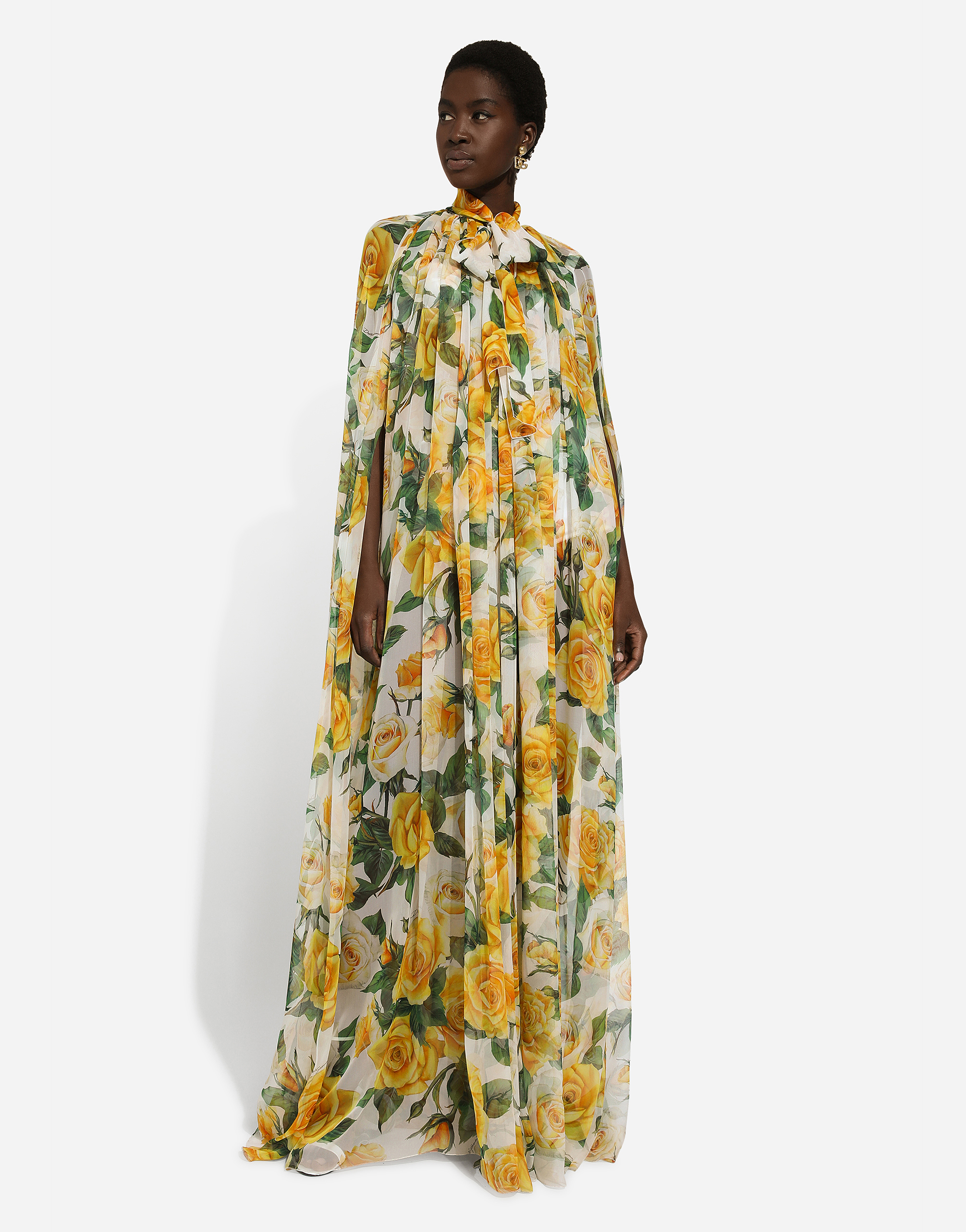 Shop Dolce & Gabbana Silk Chiffon Cape With Yellow Rose Print