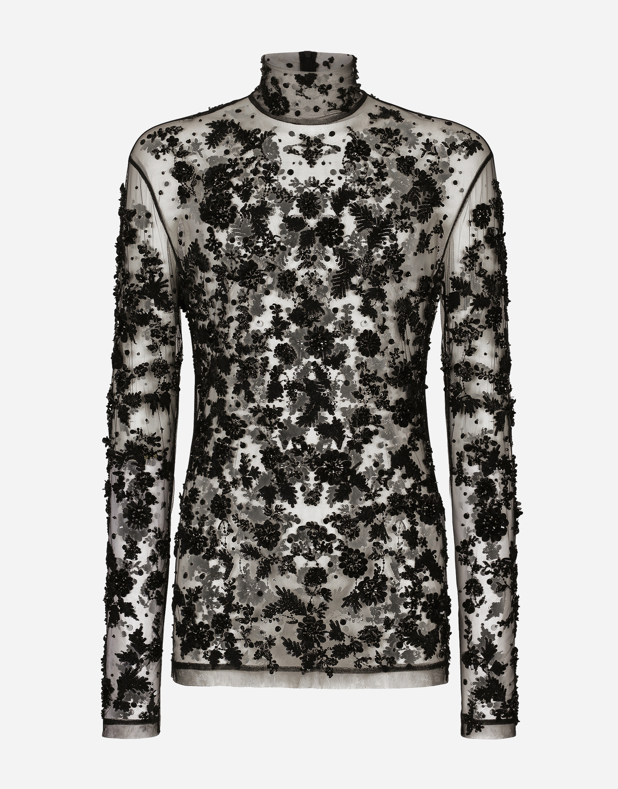 High-necked tulle T-shirt with sequined details