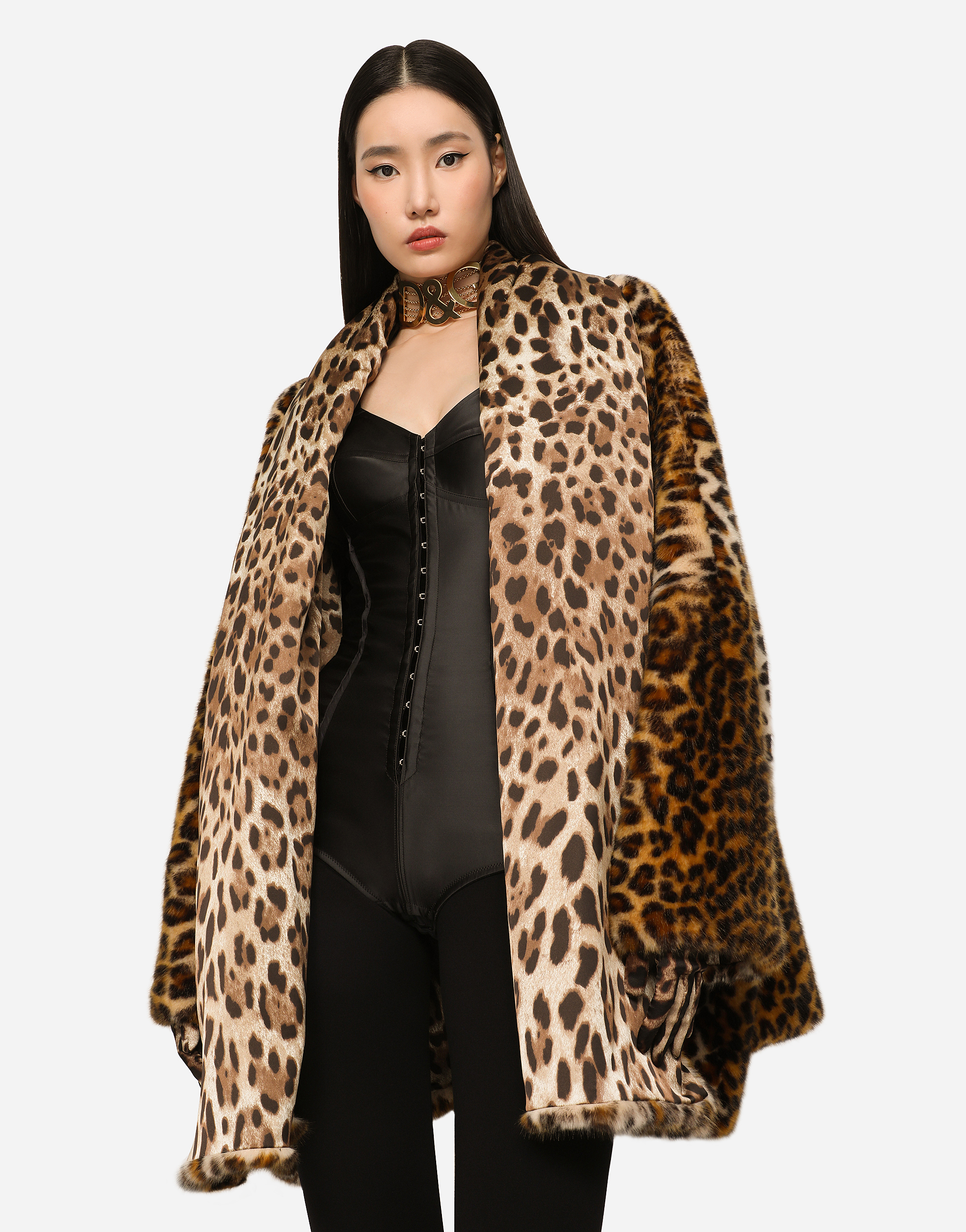 DOLCE & GABBANA KIM DOLCE&GABBANA FAUX FUR CAPE WITH LEOPARD PRINT