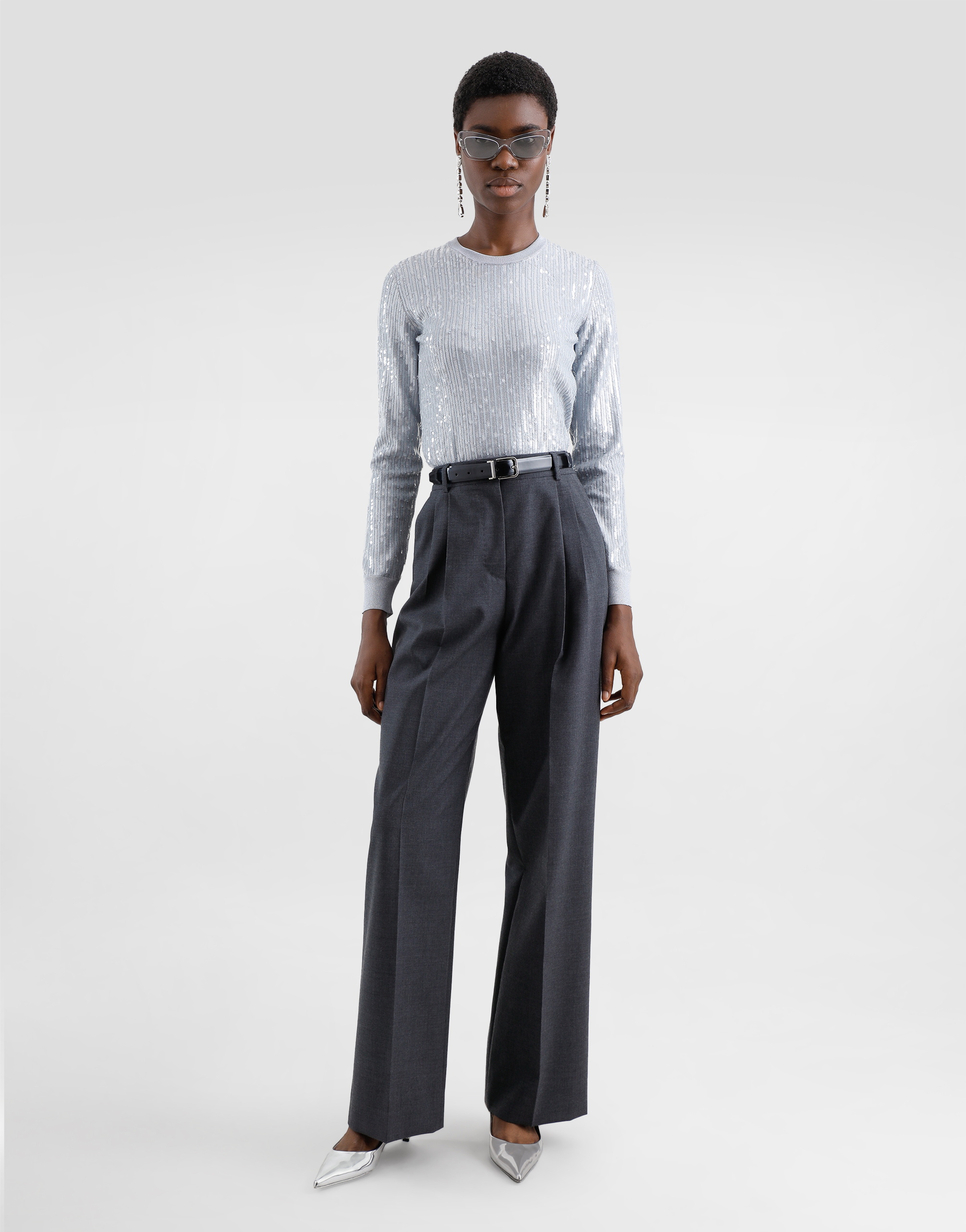 Dolce & Gabbana Crew-neck Sweater With Sequin Embellishment In Grey