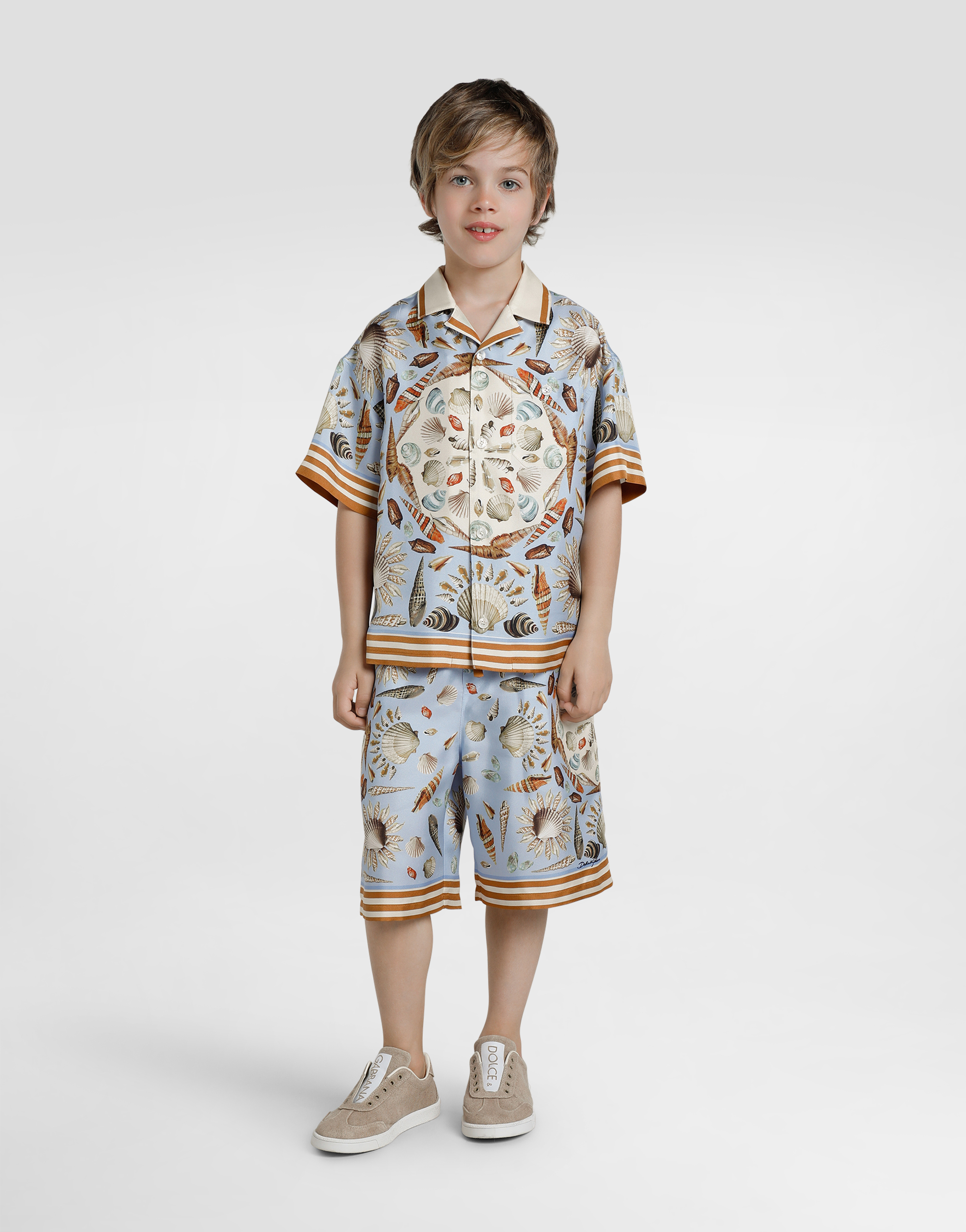 Shell-print short-sleeved twill shirt