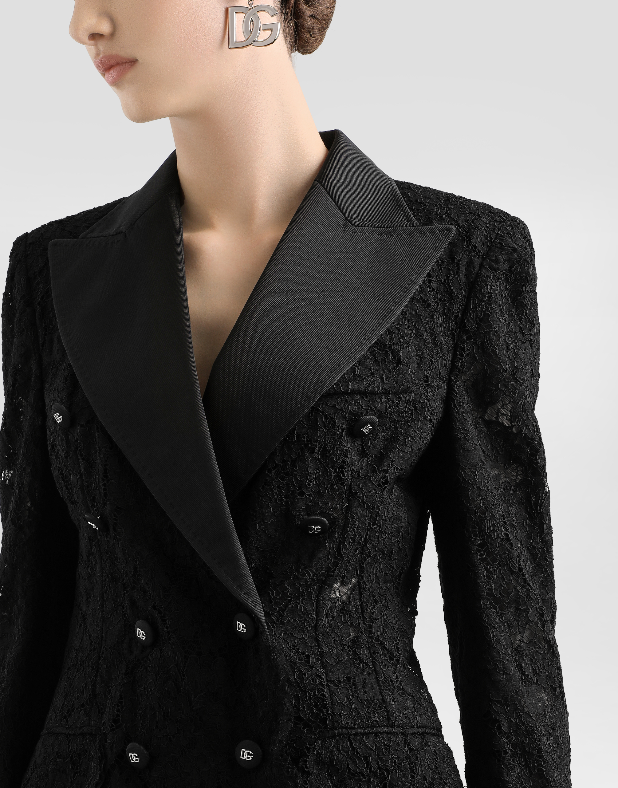 Dolce & Gabbana Branded Stretch Lace Turlington Blazer In Black