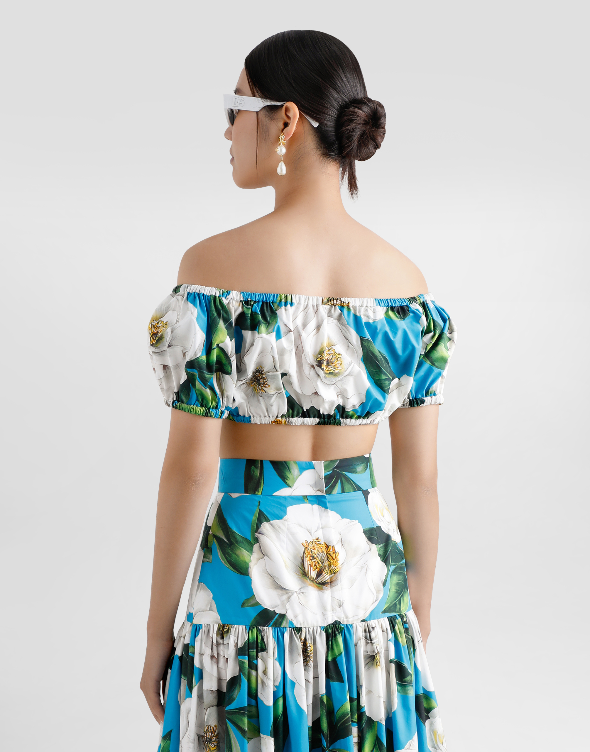 Dolce & Gabbana Cotton Bardot-neck Top With Gardenia Print In Print