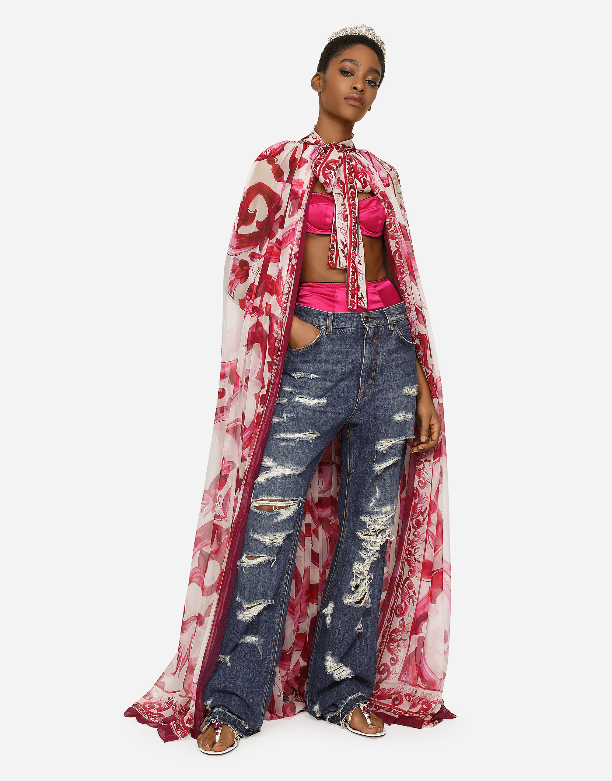 DOLCE & GABBANA MAJOLICA-PRINT CHIFFON CAPE