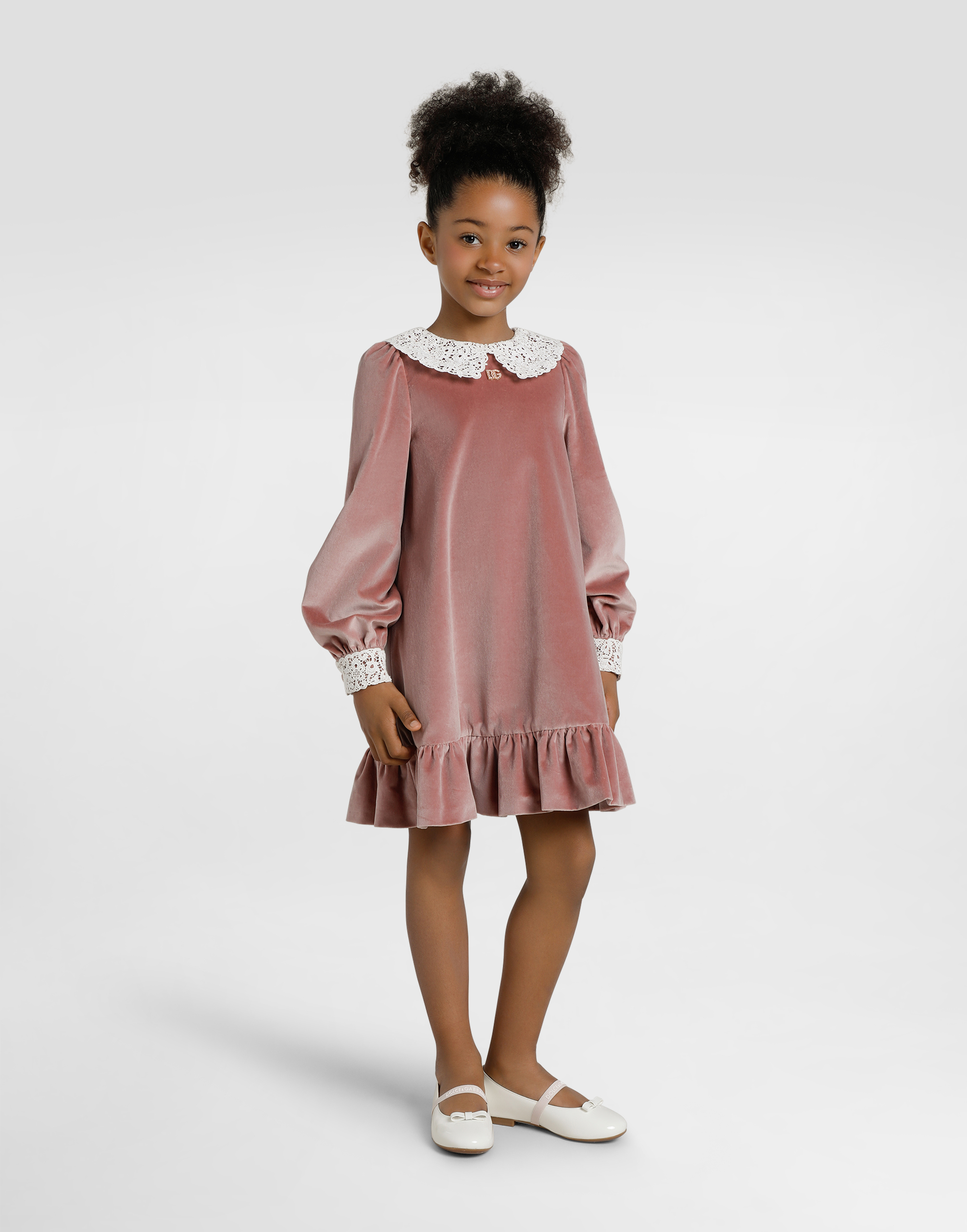 Dolce & Gabbana Smooth Velvet Dress With Macramé Collar In Pink