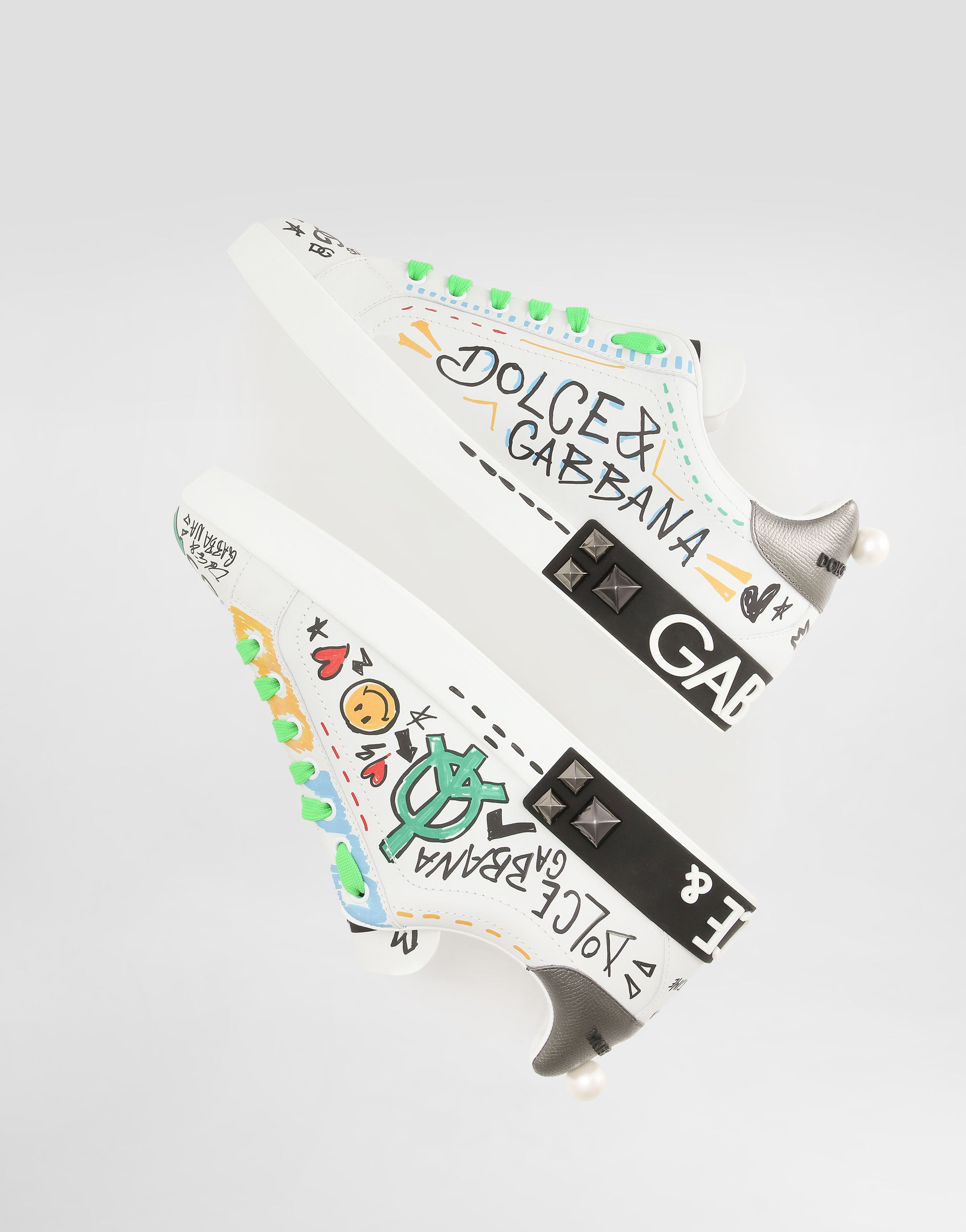 Calfskin Portofino sneakers with embroidery and studs