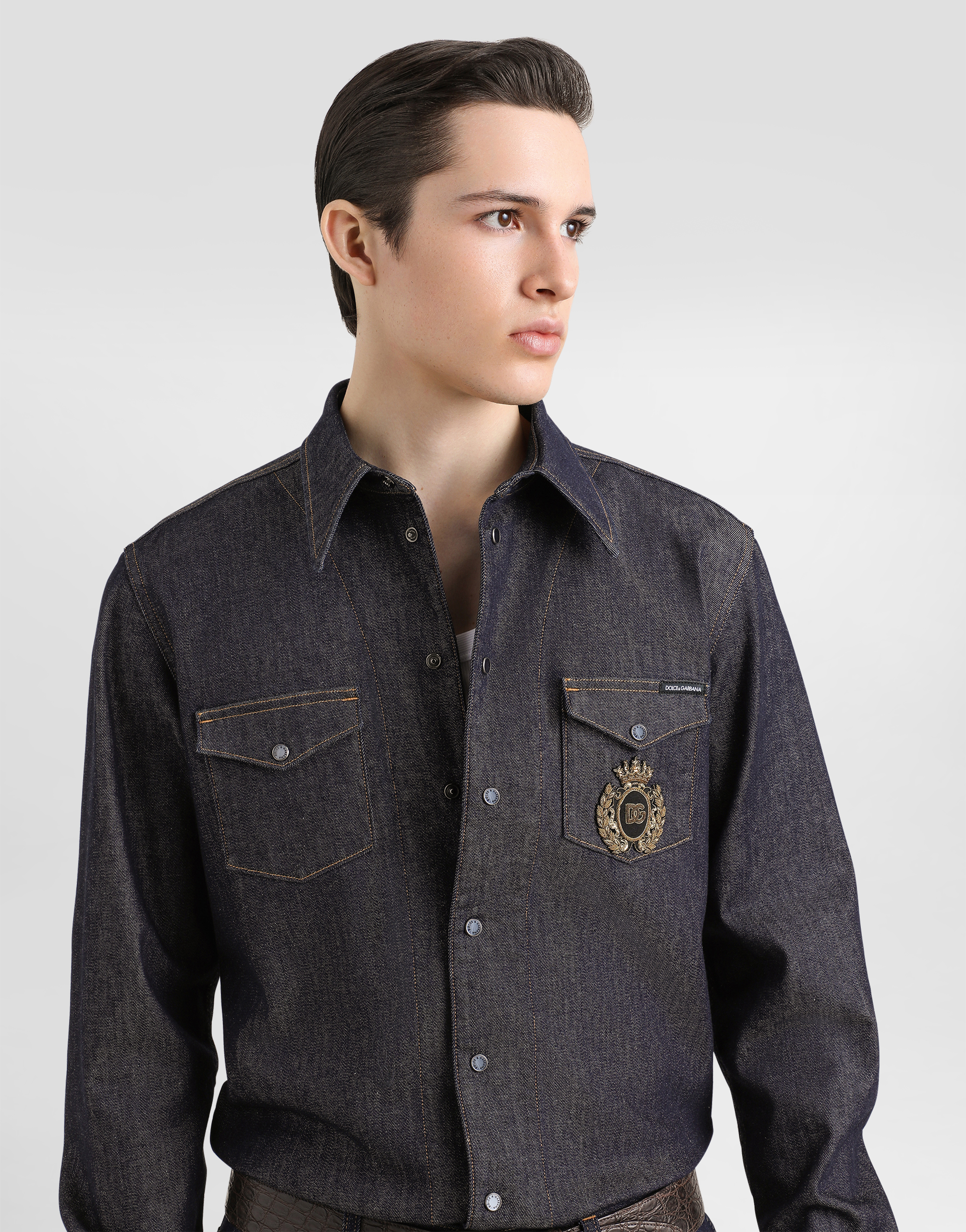 Dolce & Gabbana Denim Shirt With Heraldic Emblem In Multicolor