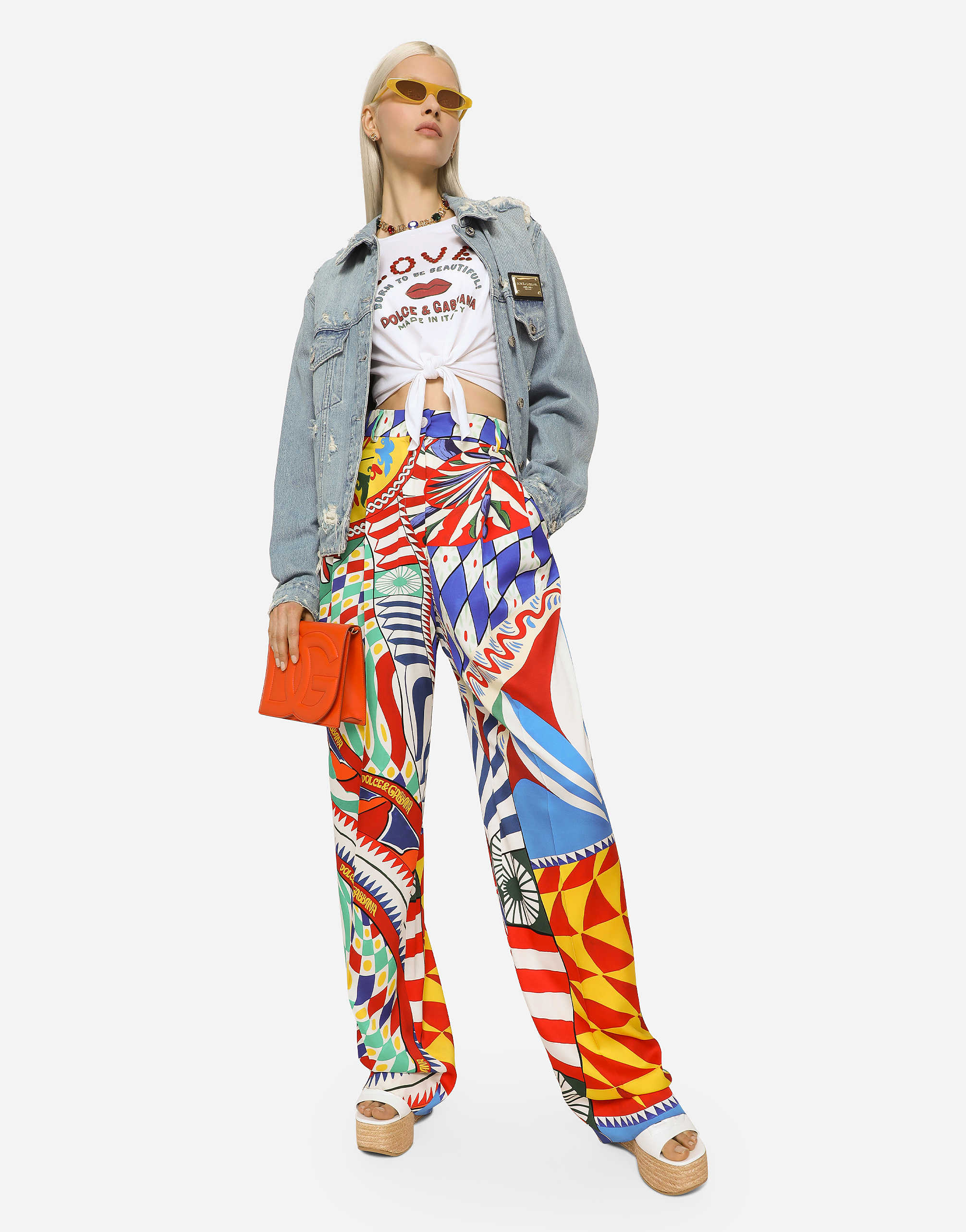 DOLCE & GABBANA FLARED CARRETTO-PRINT CHARMEUSE PANTS