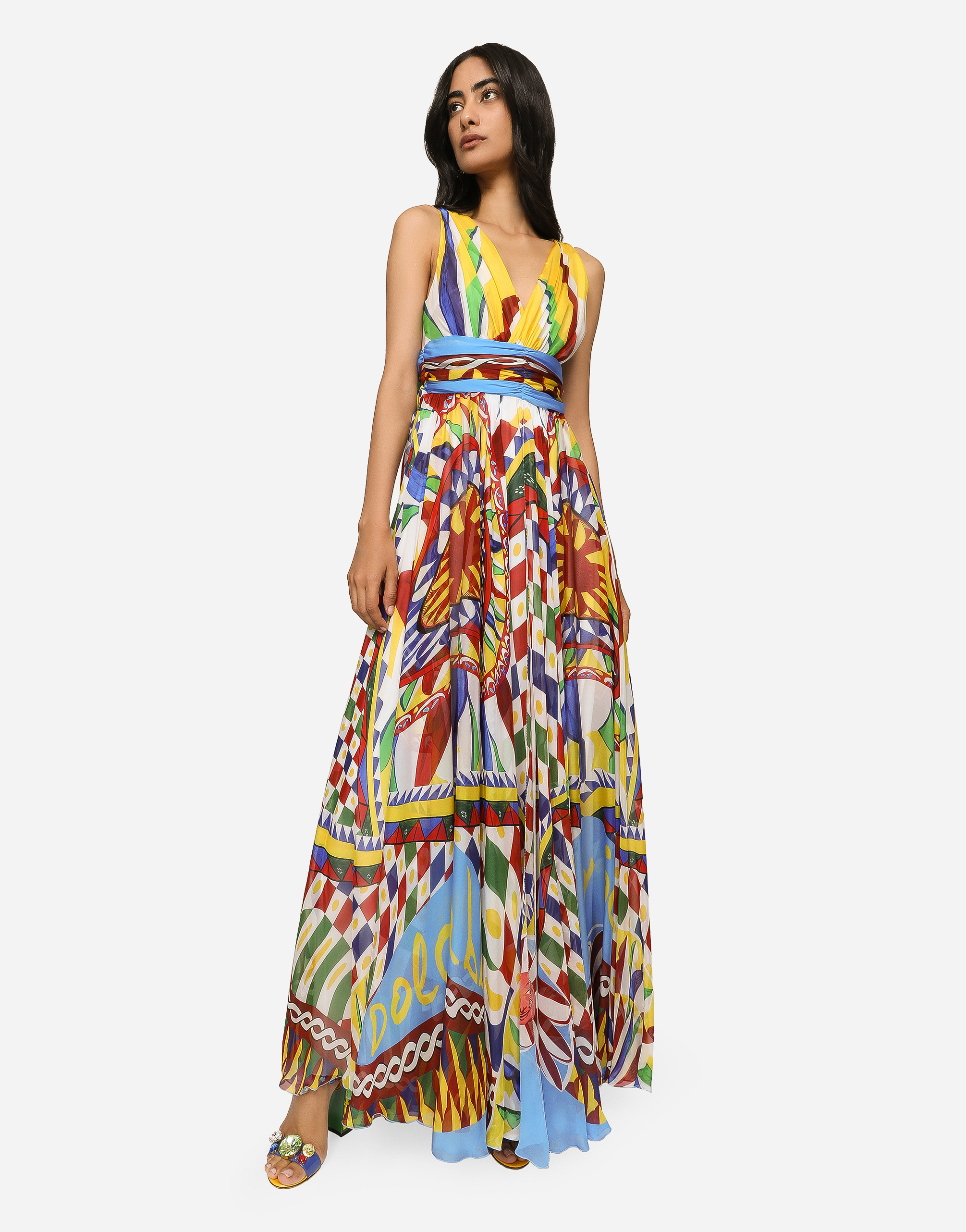 DOLCE & GABBANA LONG CARRETTO-PRINT CHIFFON DRESS