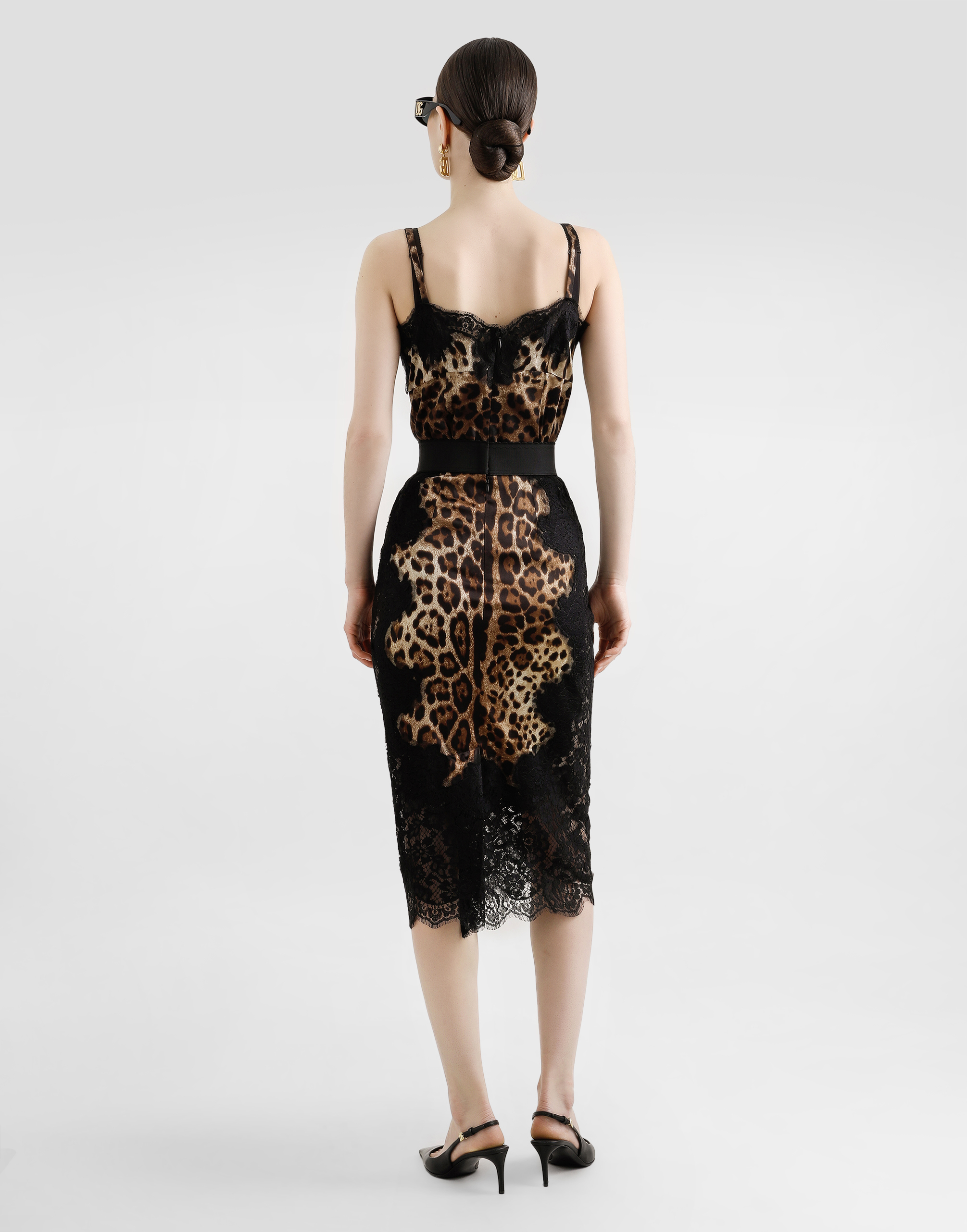 Leopard-print satin top with lace inlay