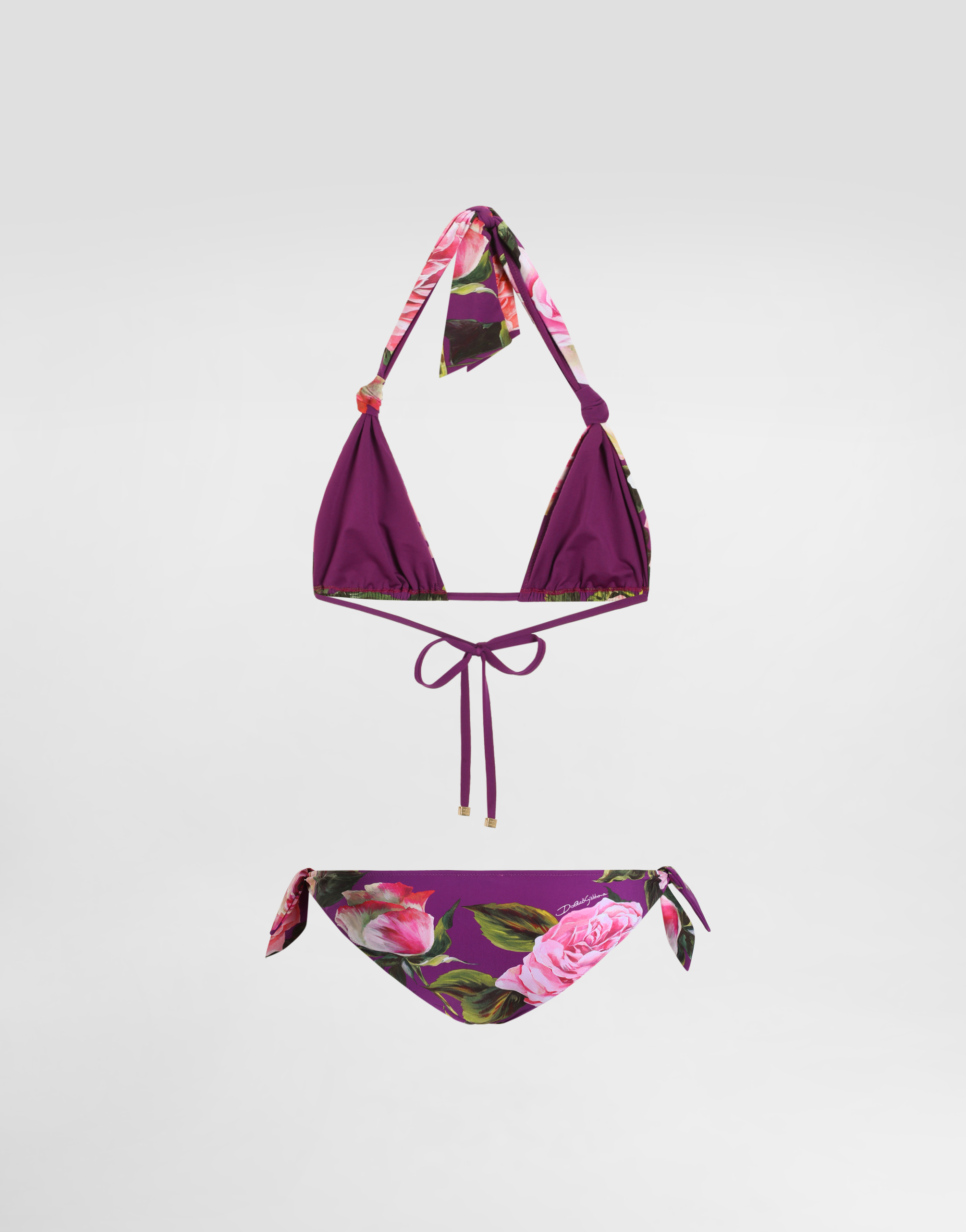 Dolce & Gabbana Rose-print Padded Triangle Bikini In Print