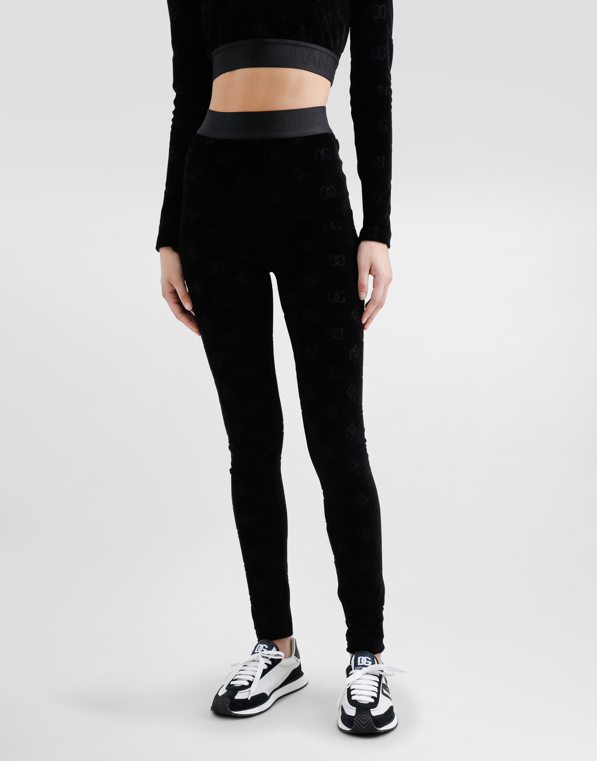 Shop Dolce & Gabbana Chenille Leggings With Jacquard Dg Logo In Black