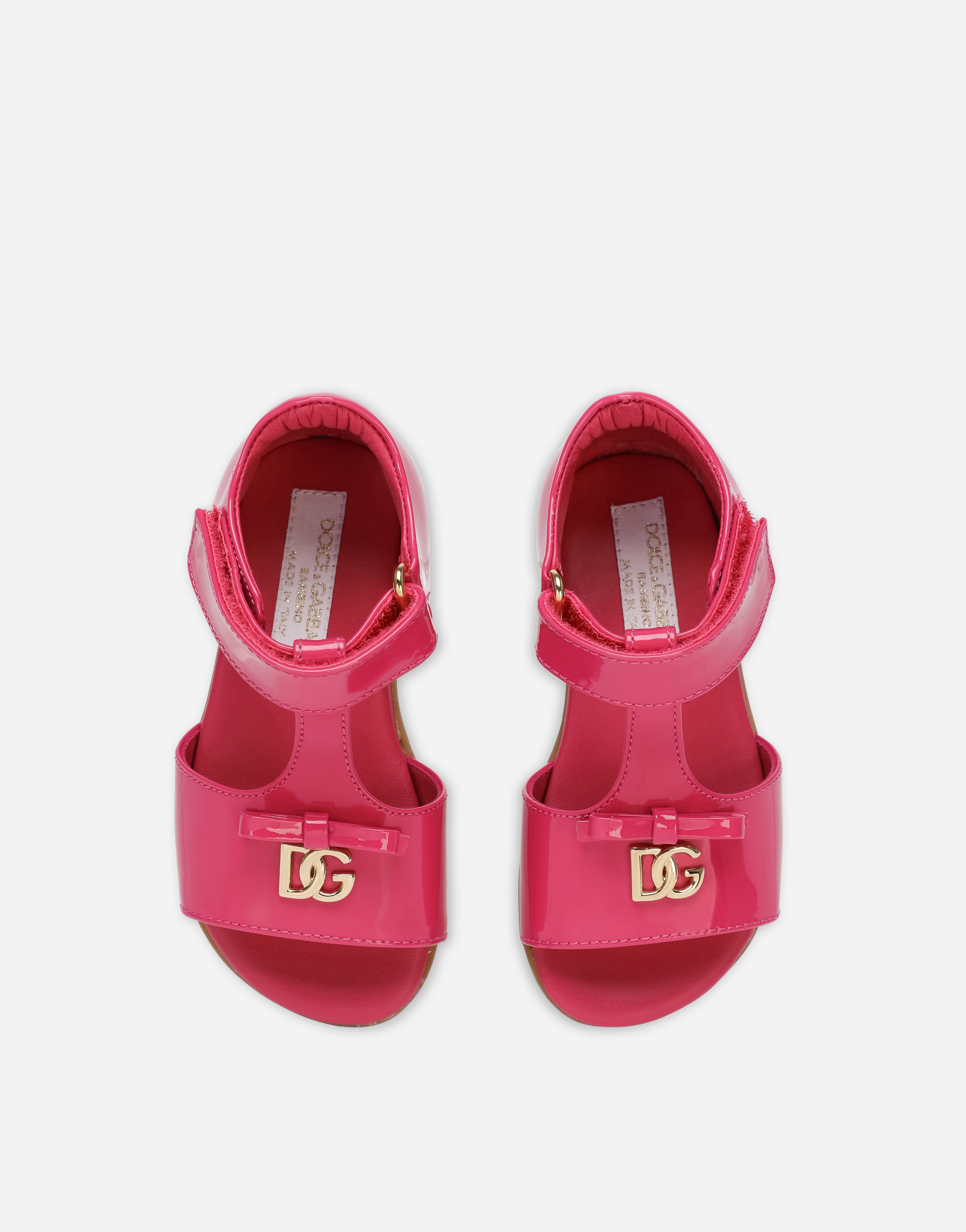 Dolce & Gabbana Patent Leather First Steps Sandals With Metal Dg Logo In Pink