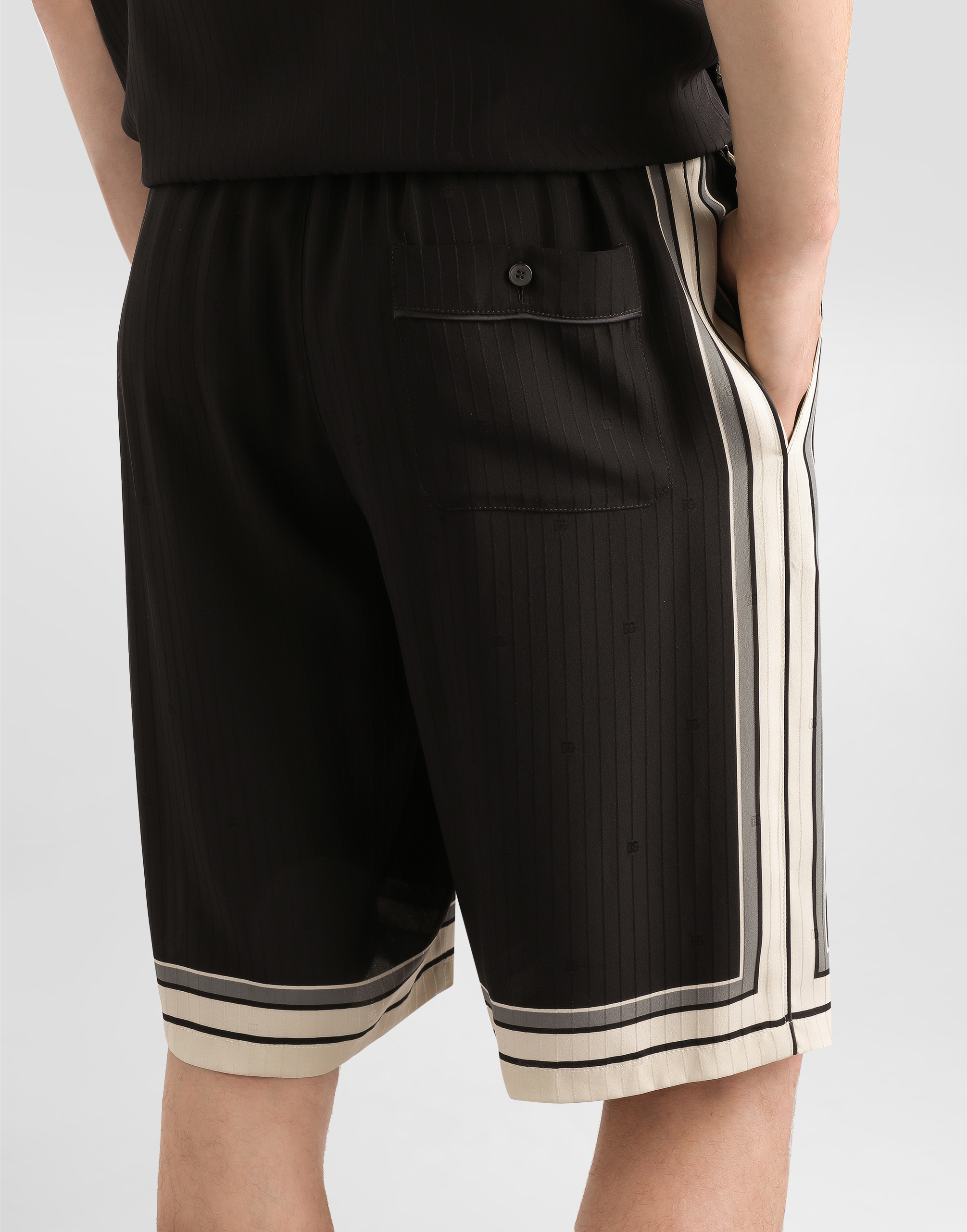Logo and stripe-print vanity silk bermuda shorts