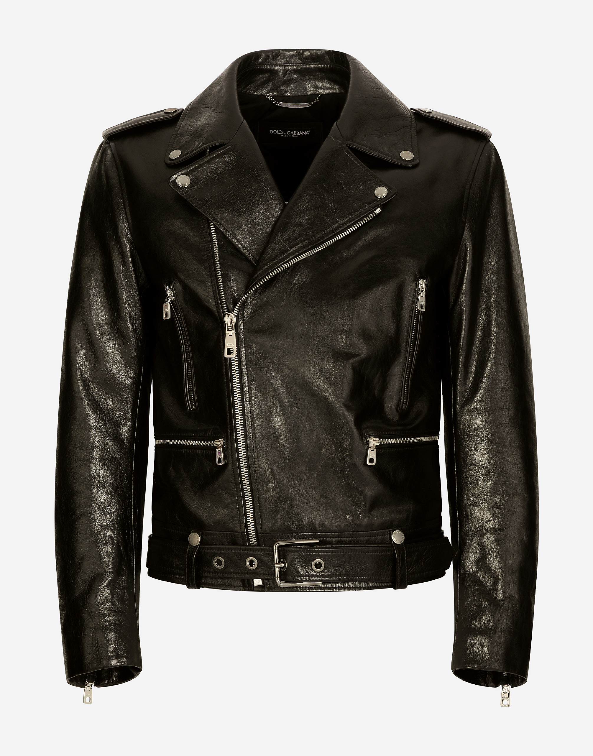 Dolce & Gabbana Belted Leather Biker Jacket In Black