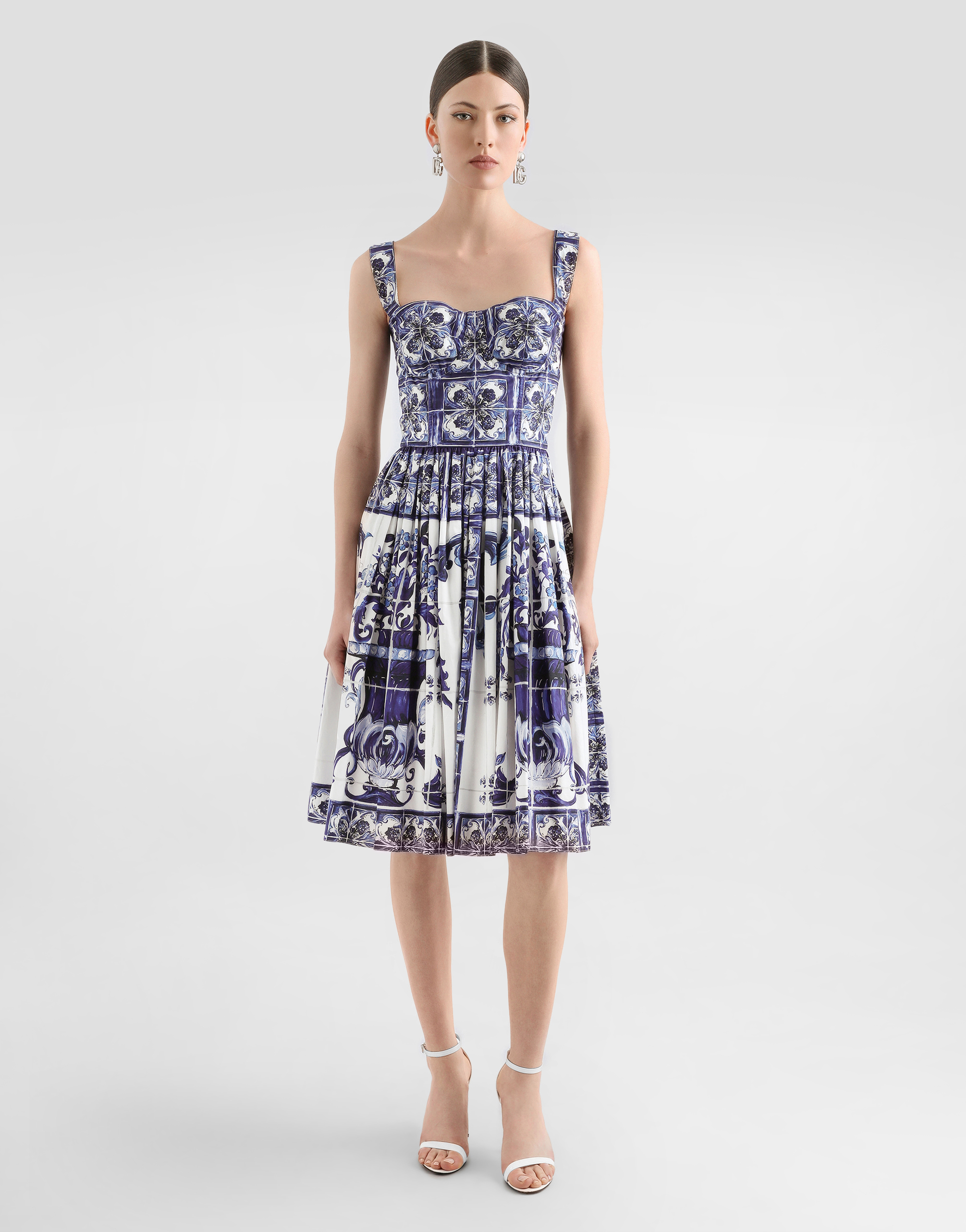  Dolce & Gabbana Midi Corset Dress In Cotton Poplin With Majolica Print - Woman Dresses Blue Cotton 48 